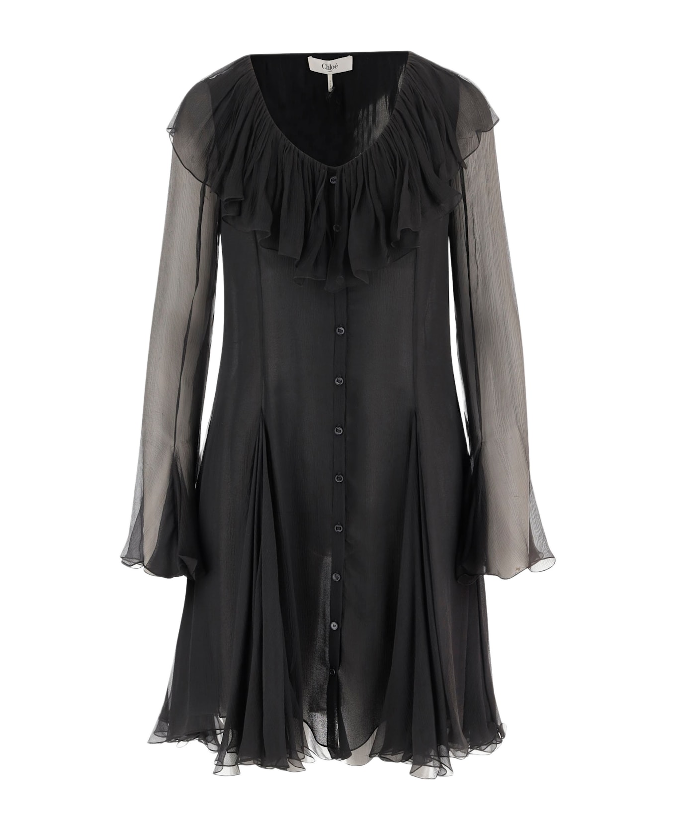 Chloé Flared Mini Dress In Silk Muslin - Black