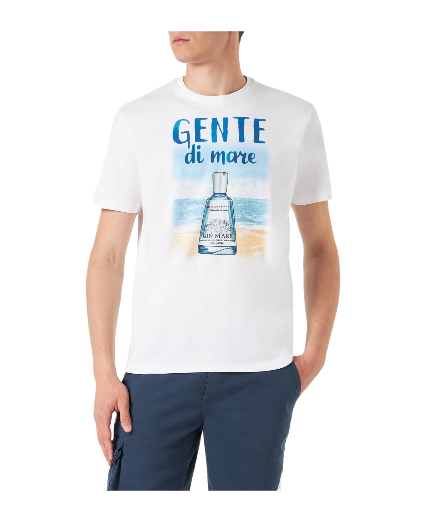 MC2 Saint Barth Man Cotton T-shirt With Gente Di Mare Print | Gin Mare Special Edition - WHITE