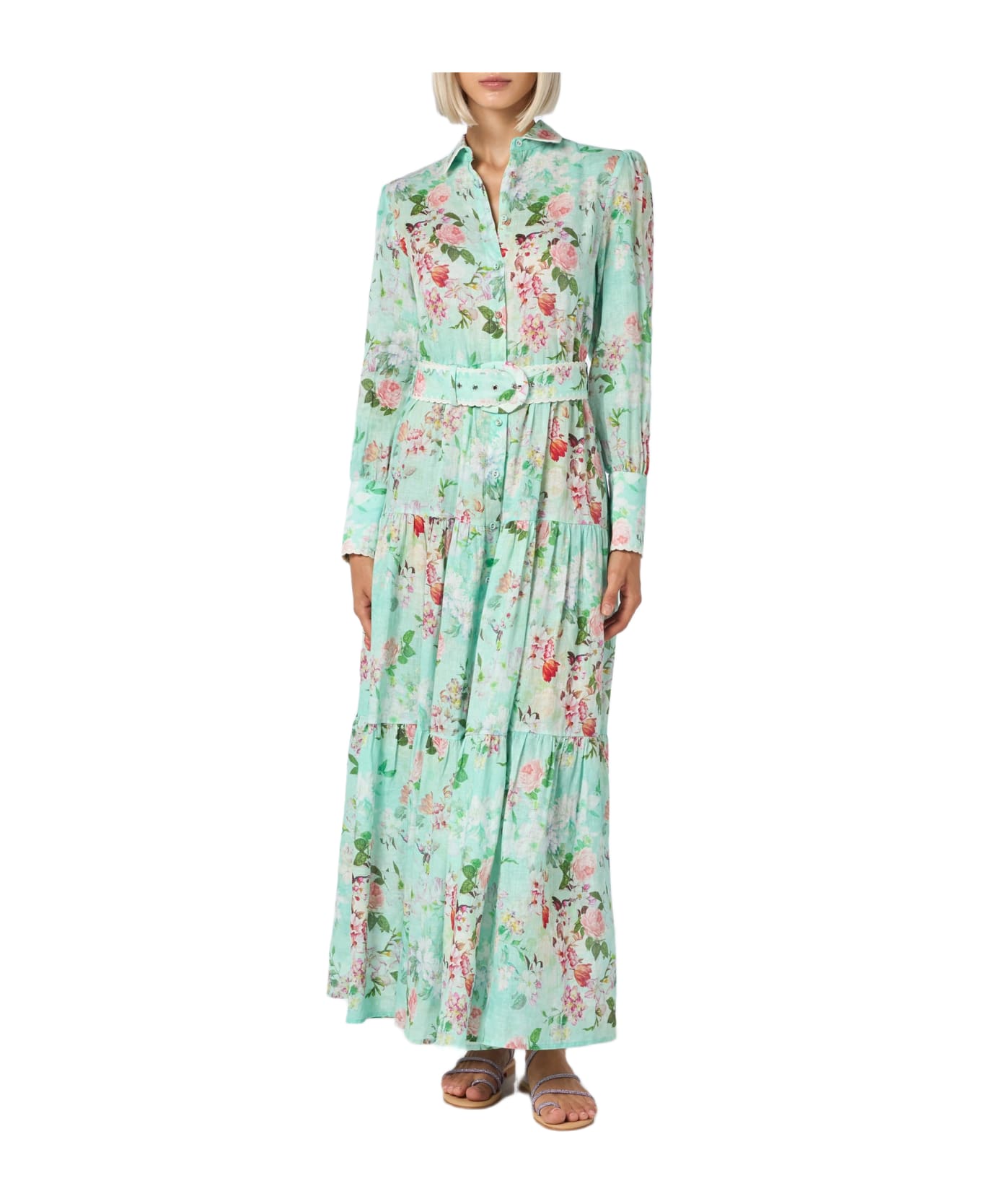 MC2 Saint Barth Woman Linen Dress Marbella With Flower Print - GREEN