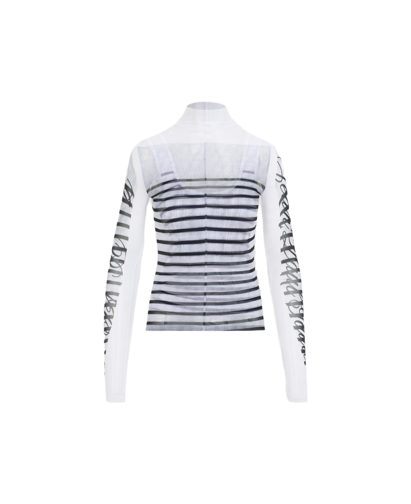 Jean Paul Gaultier Spandex Mesh Printed Feathers Mariniere Top - White Navy Black