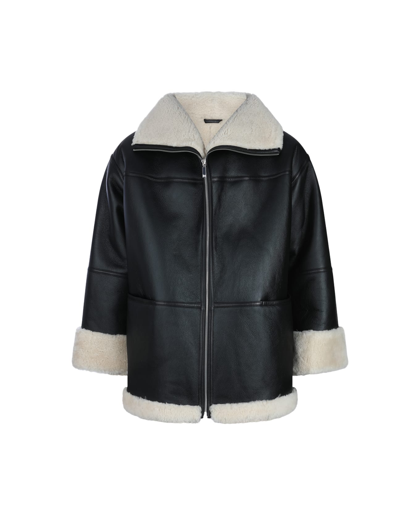 Totême Black Leather Jacket - BLACK/OFF-WHITE