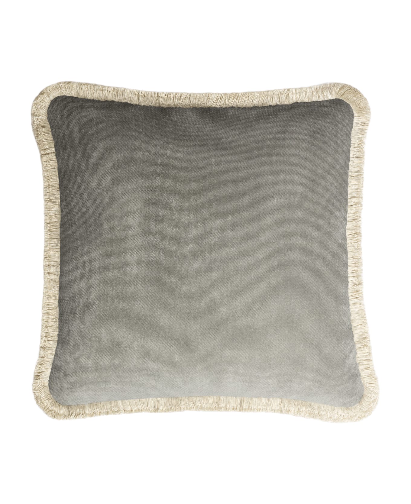 Lo Decor Happy Pillow Velvet  Light Grey With Dirty White  Fringes - Light grey with Dirty white  fringes クッション