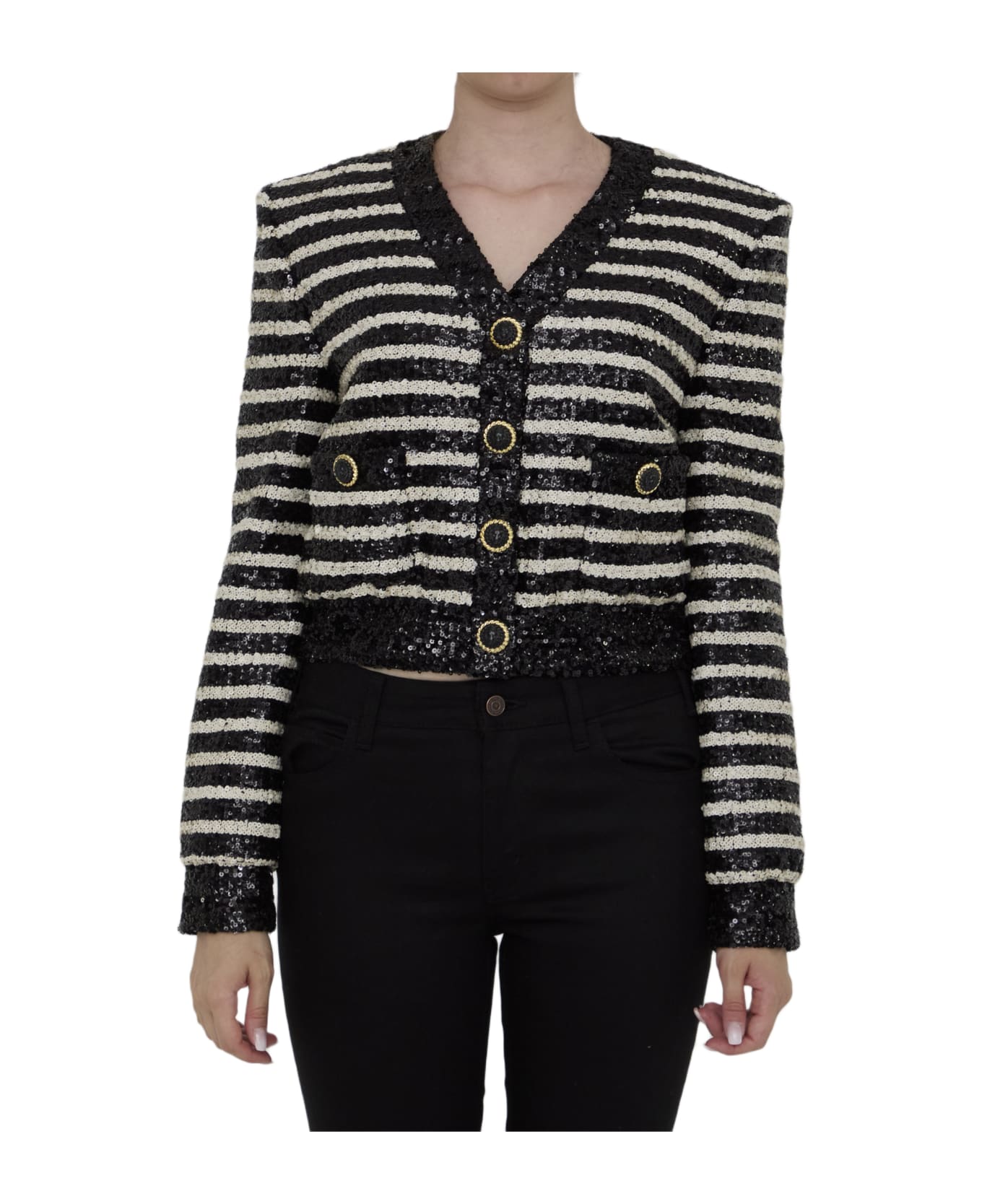 Balmain Sequined Cropped Jacket - BLACK