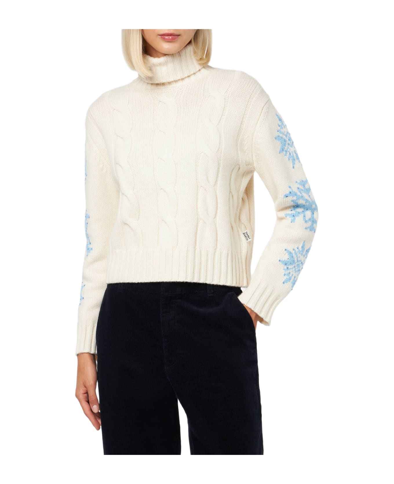 MC2 Saint Barth Woman Turtleneck Braided Sweater With Snowflake Rhinestones - WHITE