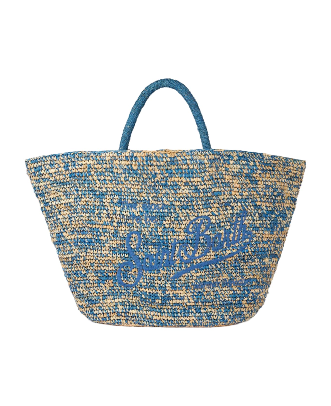 MC2 Saint Barth Raffia Blue And White Bag With Front Embroidery - BLUE
