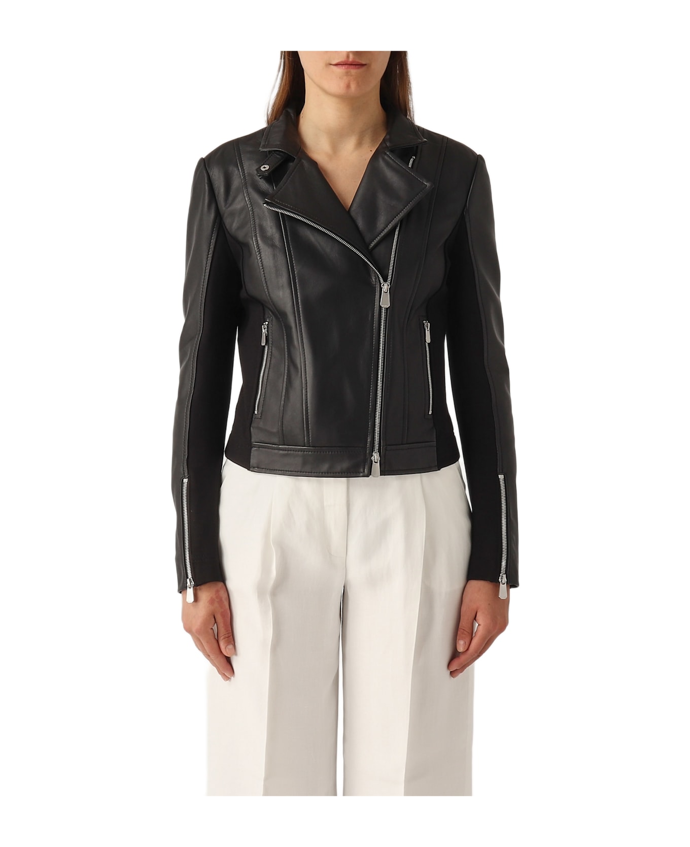 Pinko Changes Chiodo Pelle Bimateriale Jacket - NERO