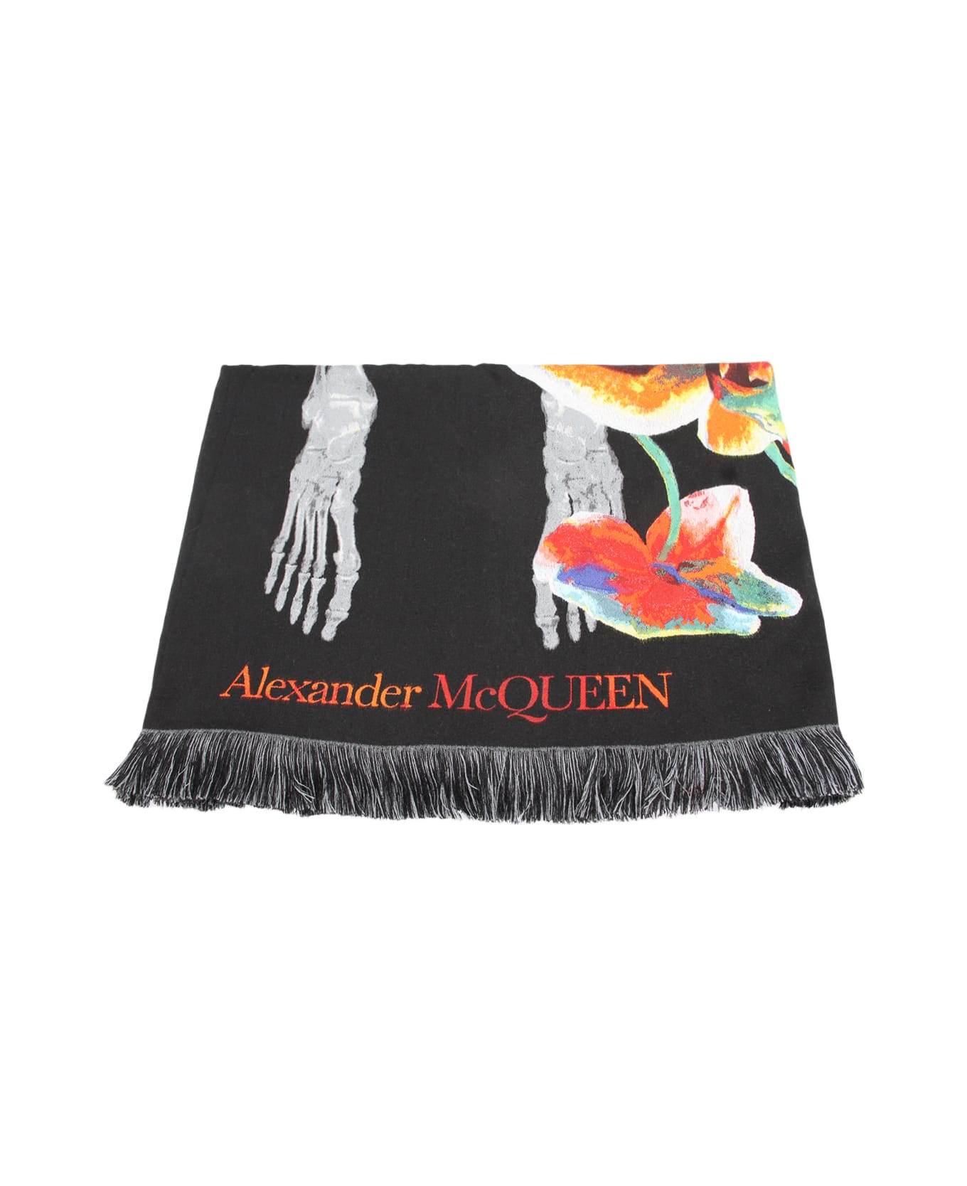 Alexander McQueen Black Multicolour Silk-wool Blend Orchid Skeleton Scarf - Black
