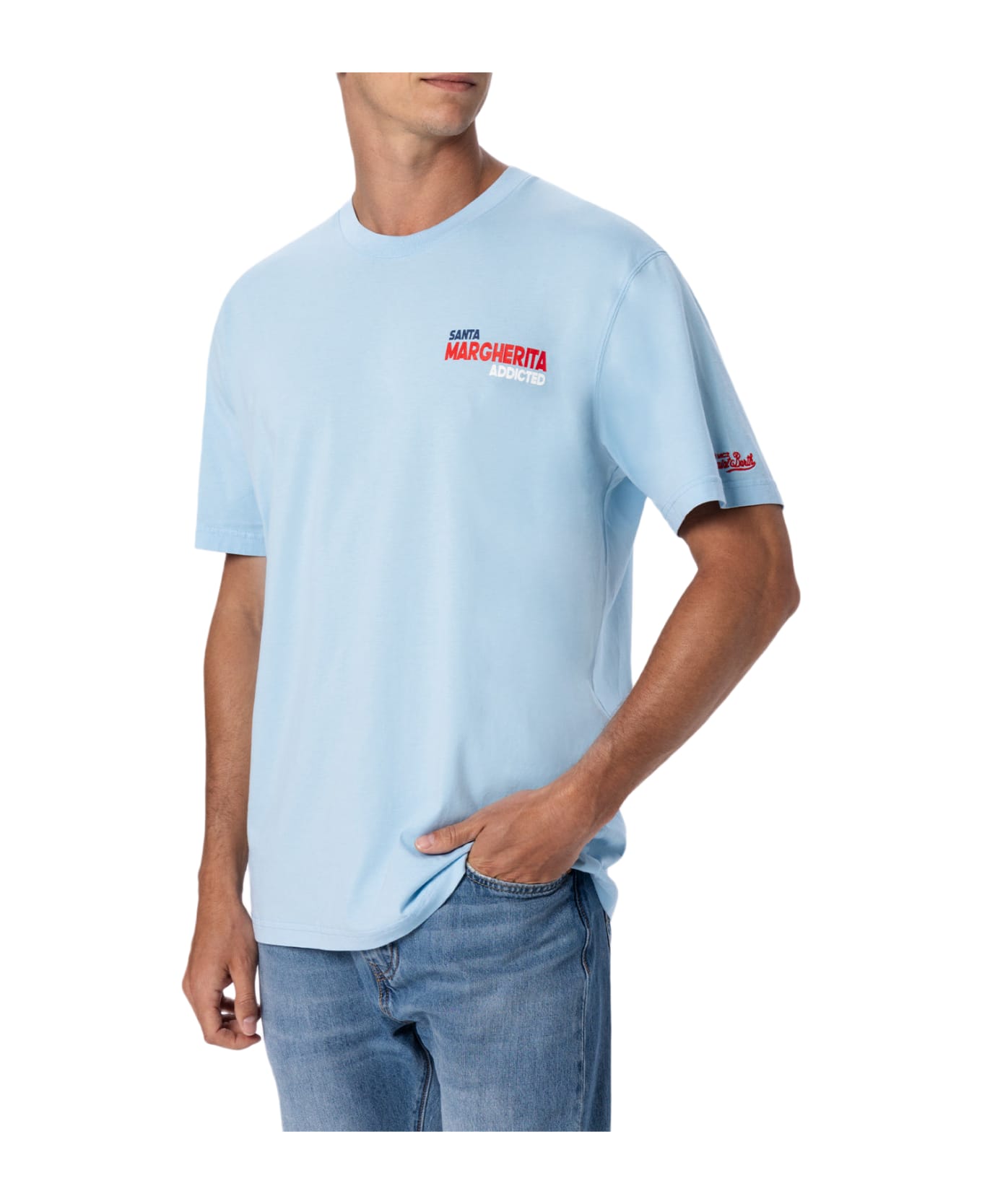 MC2 Saint Barth Man Cotton T-shirt With Santa Margherita Addicted Postcard Placed Print - SKY