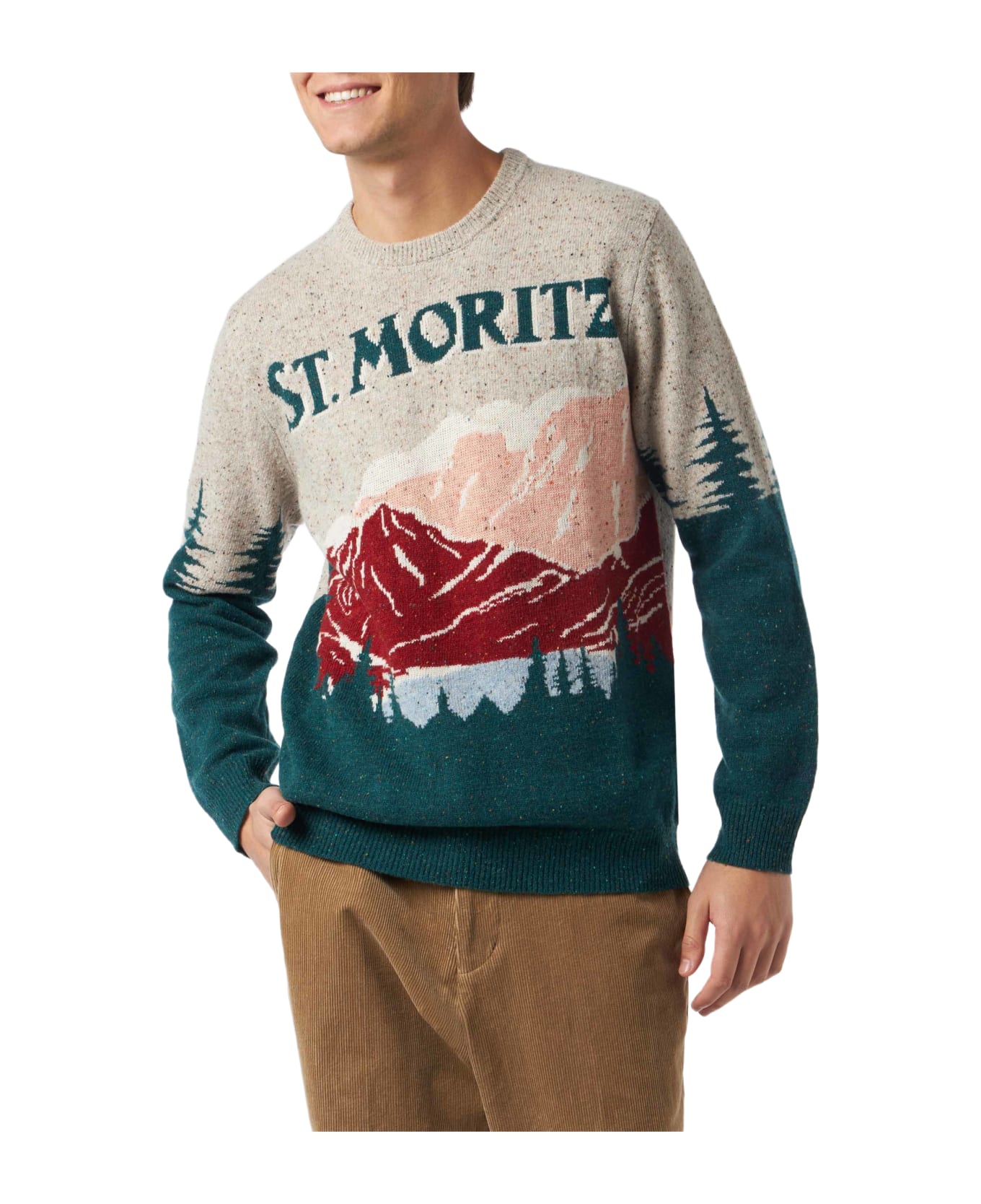 MC2 Saint Barth Crewneck Donegal Sweater Heron With St. Moritz Postcard Jacquard - GREEN