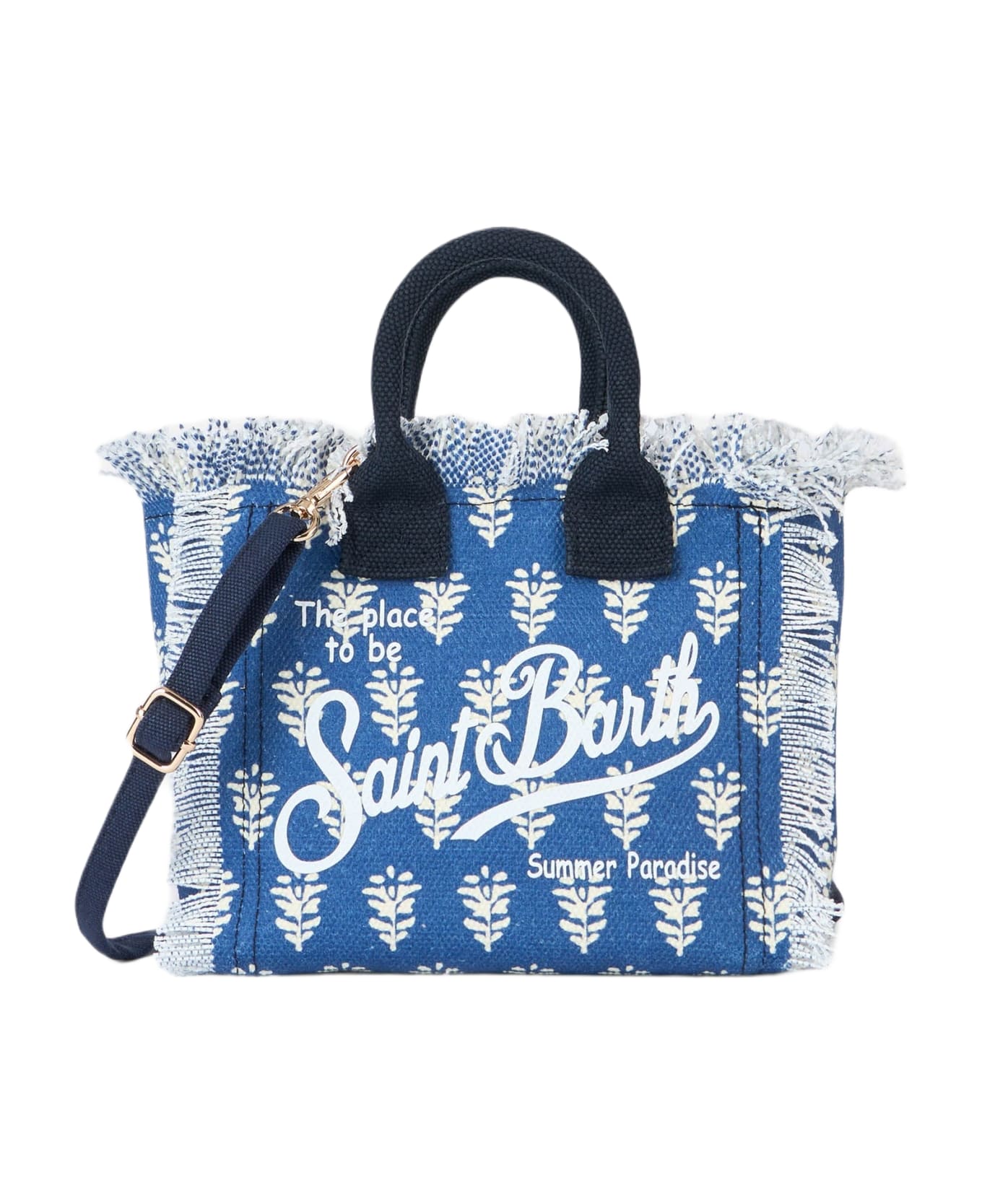 MC2 Saint Barth Cotton Canvas Mini Vanity Bag With Indigo Flower Print - BLUE