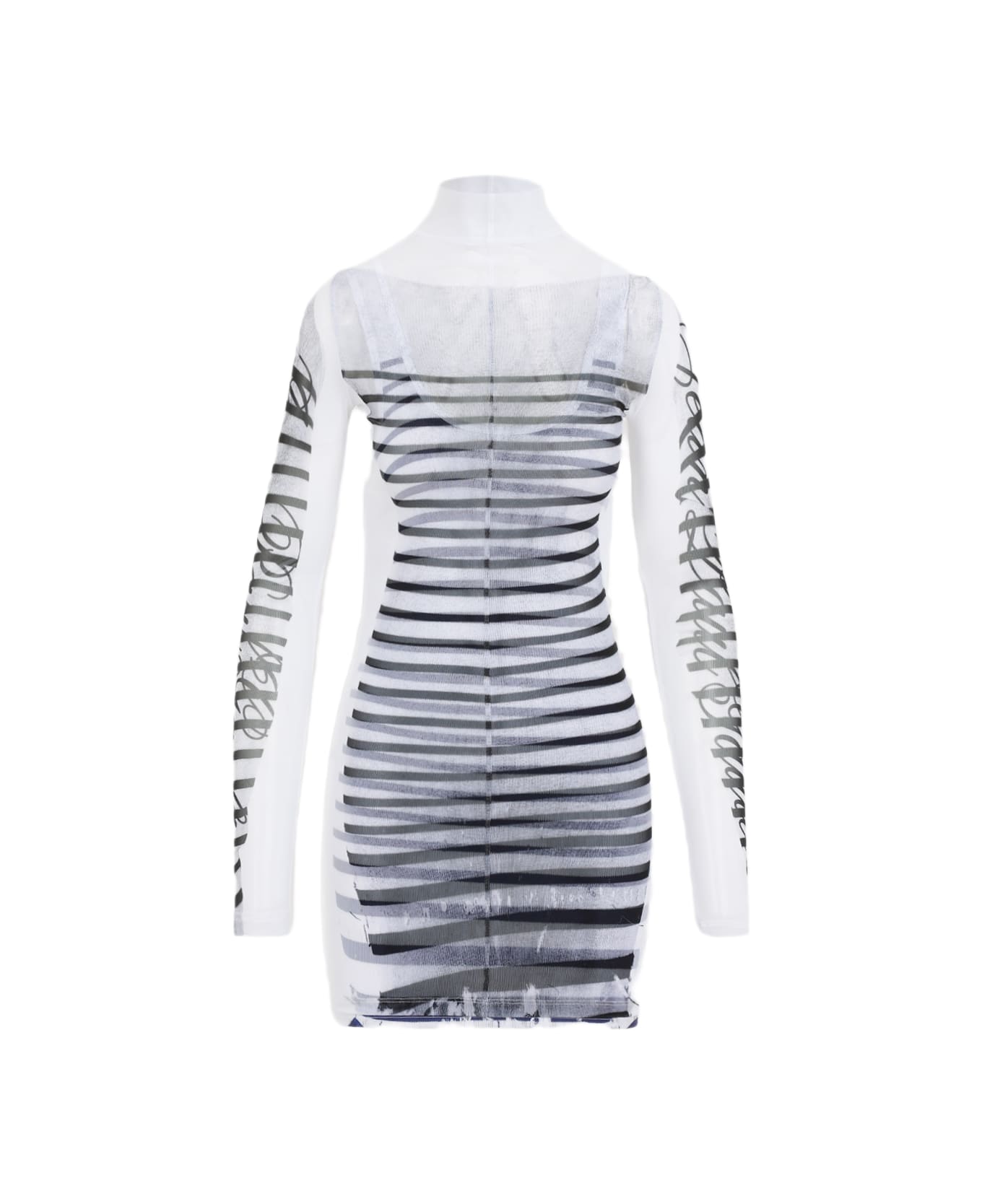 Jean Paul Gaultier Spandex Mesh Printed Feathers Mariniere Mini Dress - White Navy Black