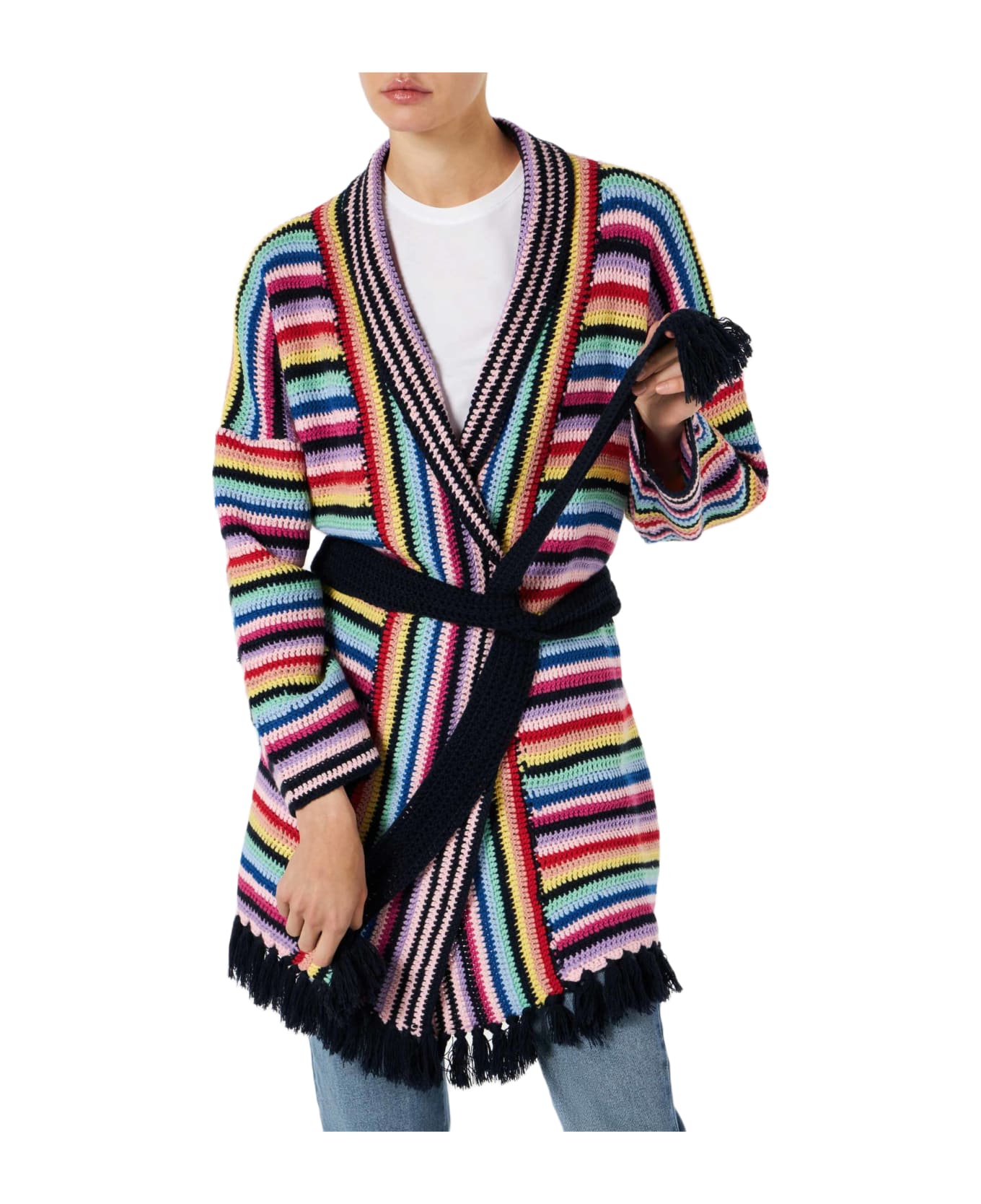MC2 Saint Barth Multicolor Crochet Coat With Belt - MULTICOLOR