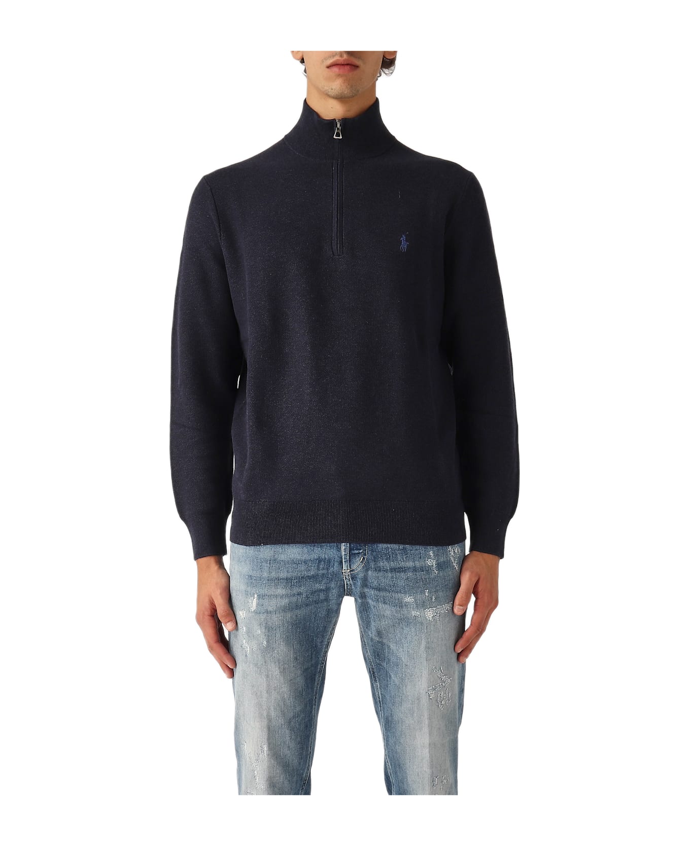 Polo Ralph Lauren Maglia Mezza Zip In Cotone Pique' Sweater - NAVY