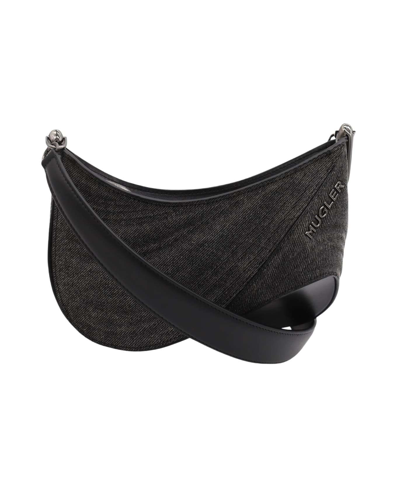 Mugler Washed Black Leather Curve Shoulder Bag - WASHED BLACK
