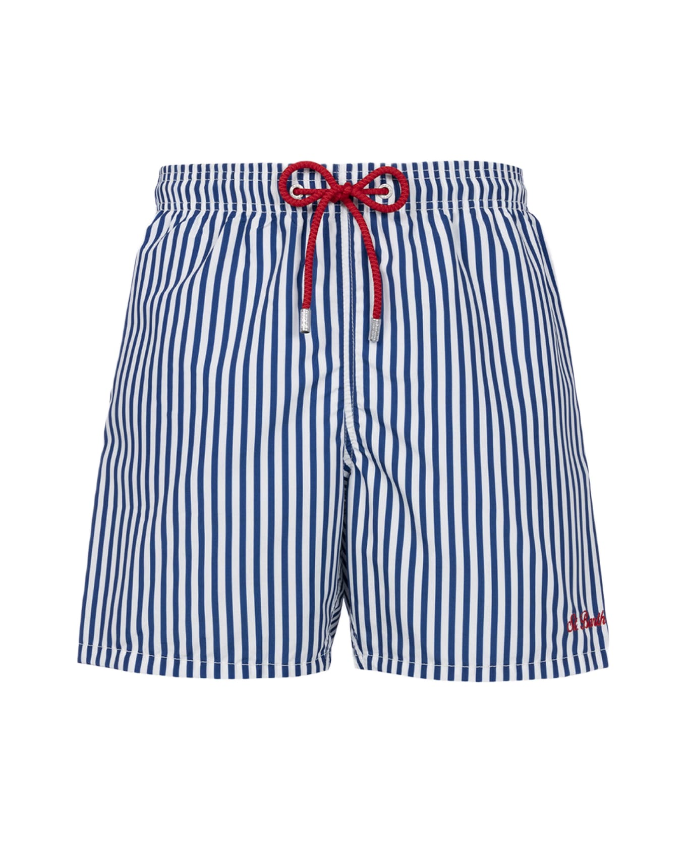 MC2 Saint Barth Man Mid-length Striped Gustavia Swim-shorts With St. Barth Embroidery - BLUE