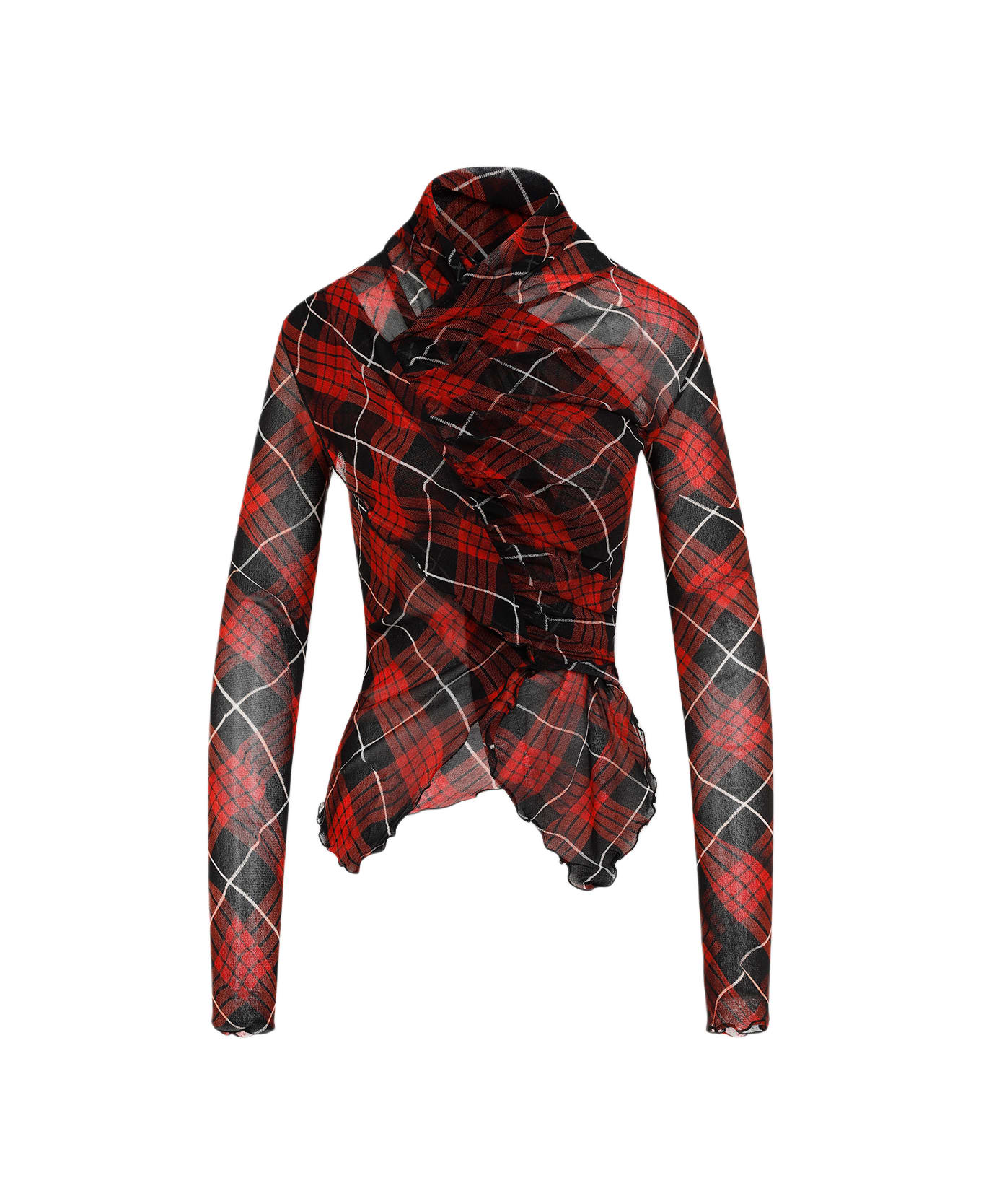 Jean Paul Gaultier Mesh Draped Long Sleeves Printed "distorted Tartan" Top - Red Black White