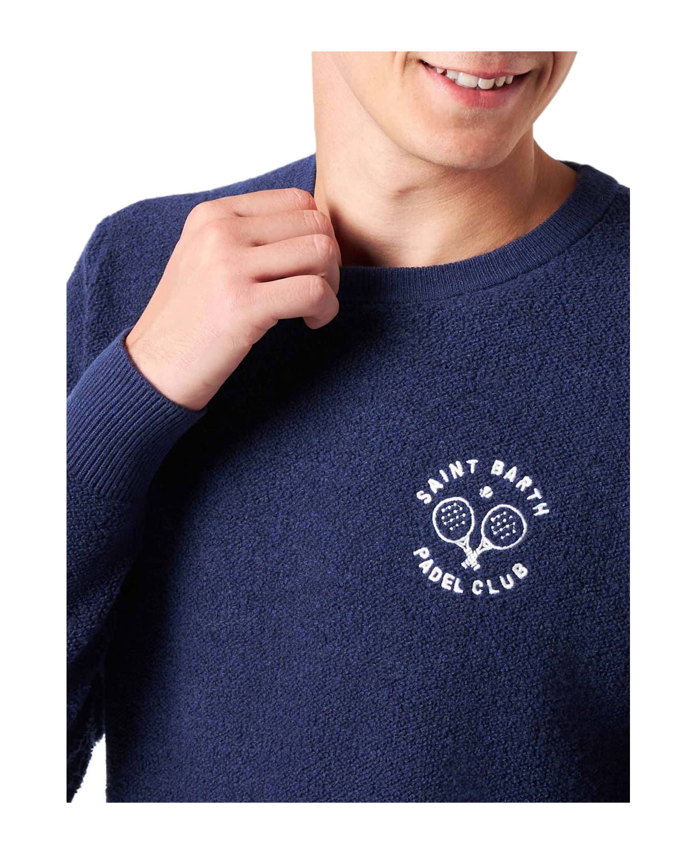 MC2 Saint Barth Man Crewneck Bluette Bouclé Sweater With Saint Barth Padel Club Embroidery - BLUE
