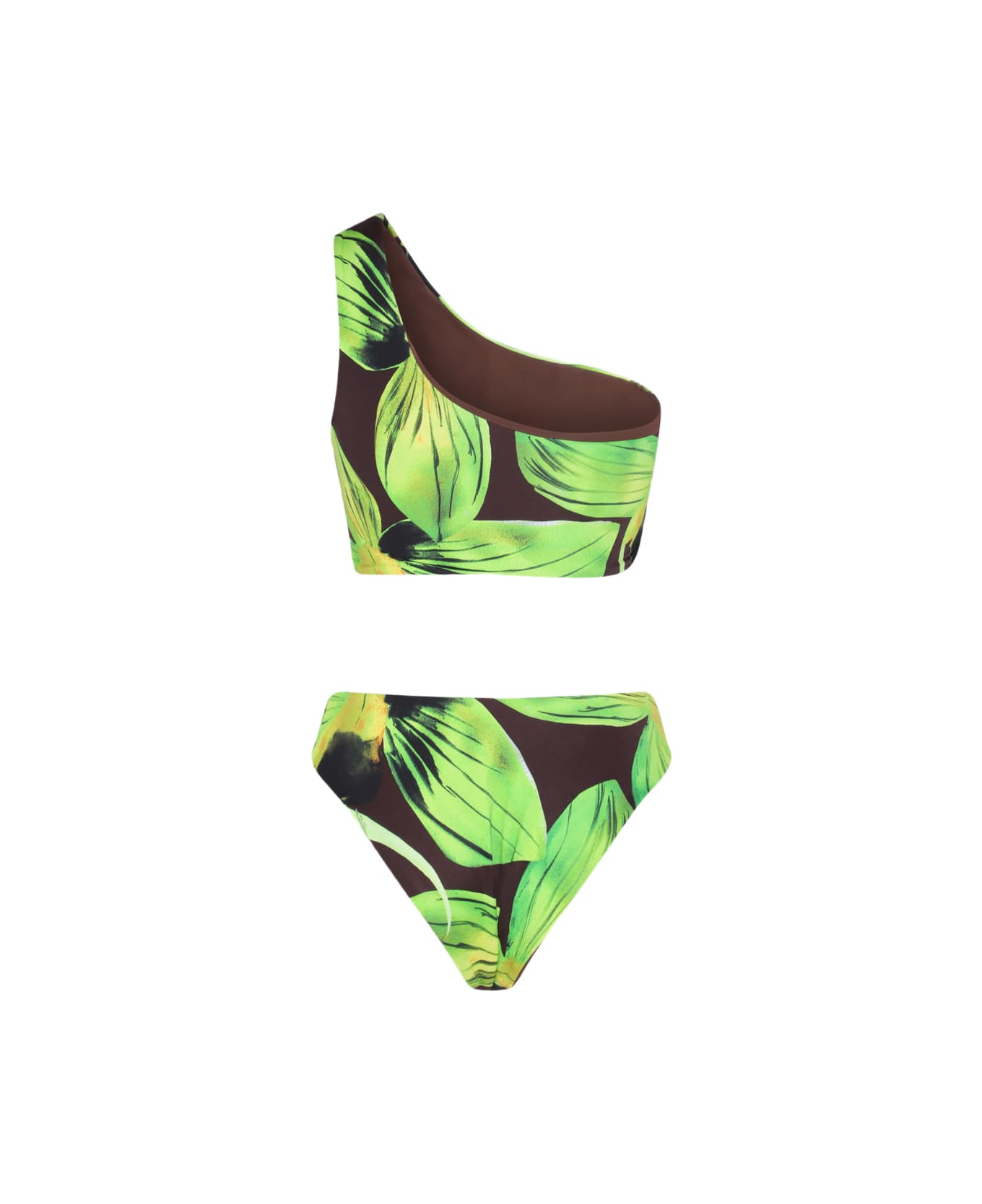 Louisa Ballou Green Leaf Print One Shoulder Swimsuit - Green
