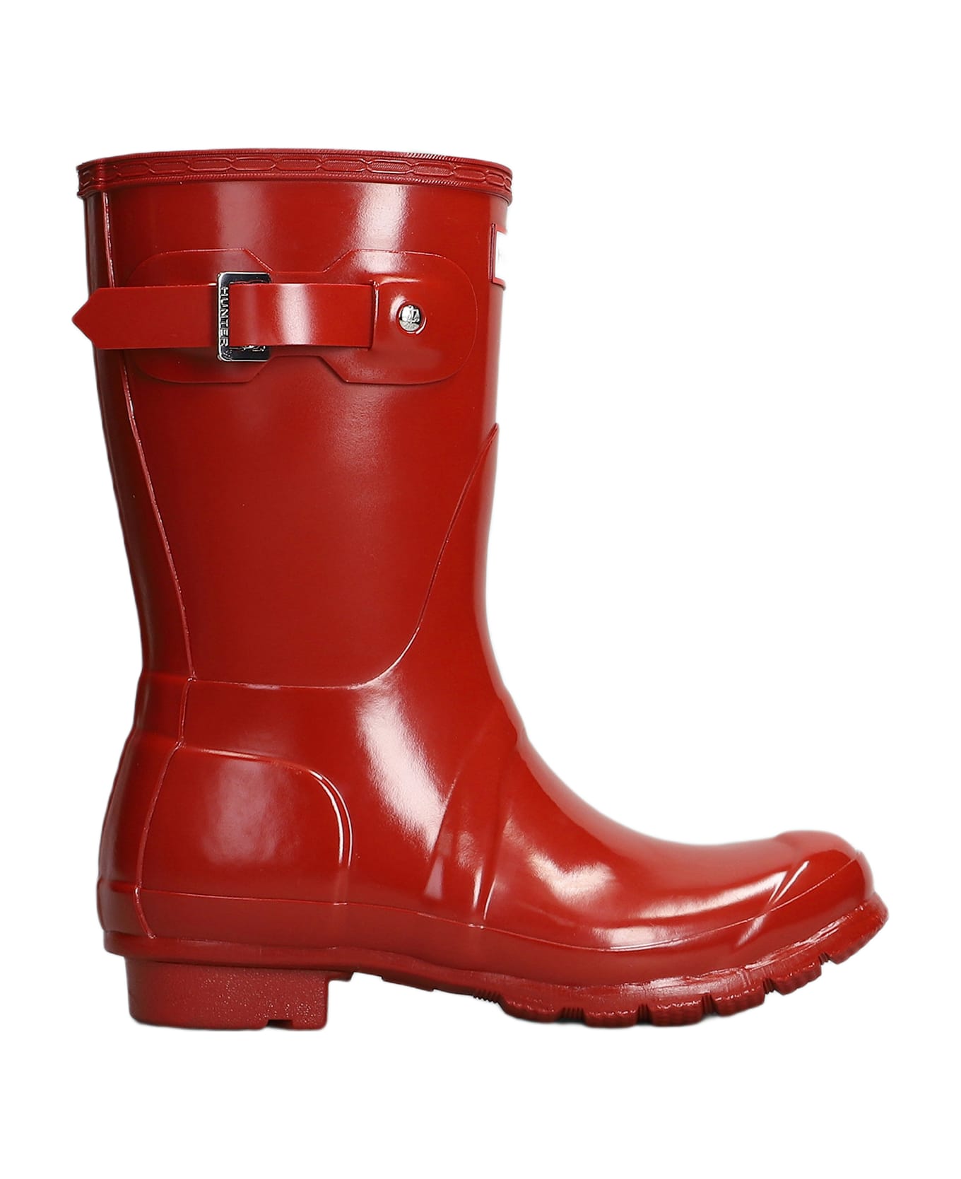 Hunter Original Short Gloss Low Heels Boots In Red Rubber/plasic - red