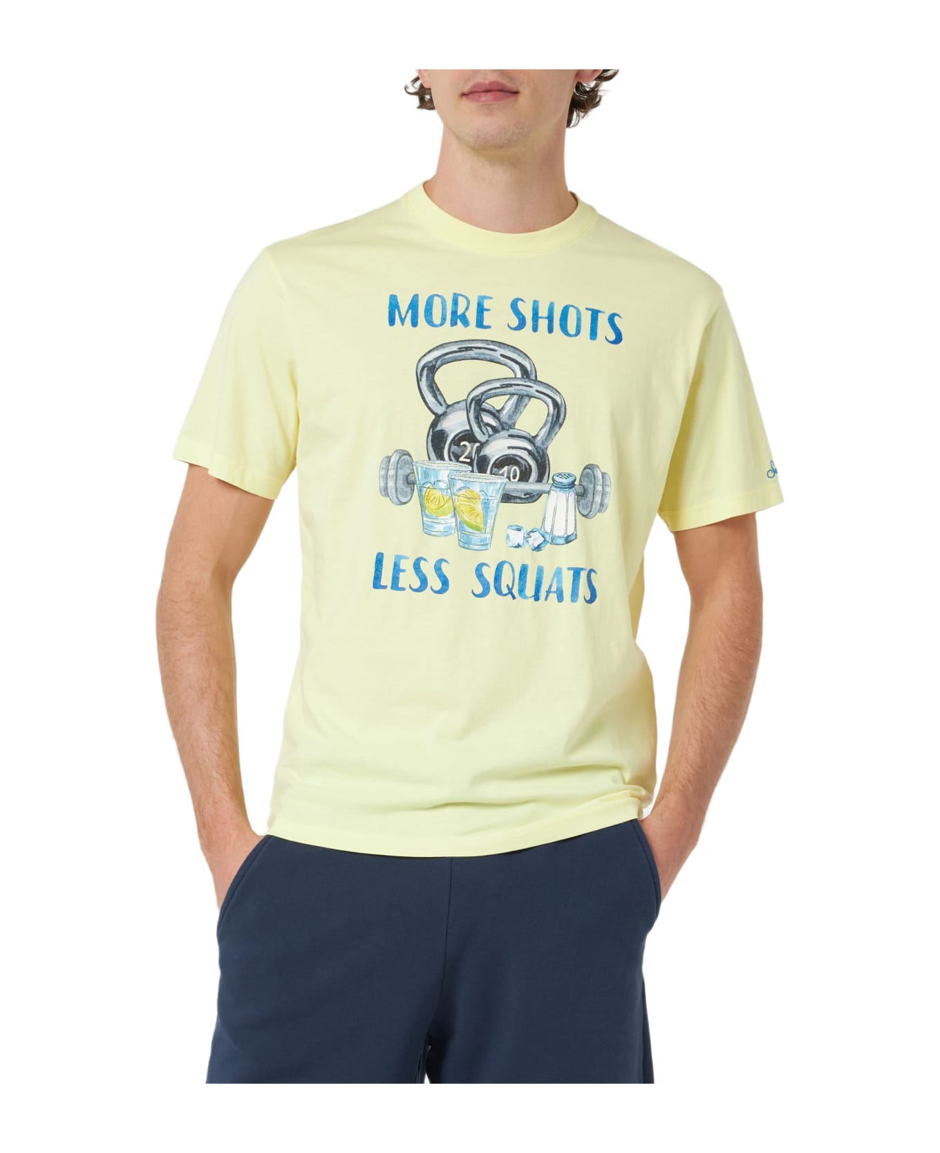 MC2 Saint Barth Man Cotton T-shirt With More Shots Less Squats Placed Print - YELLOW