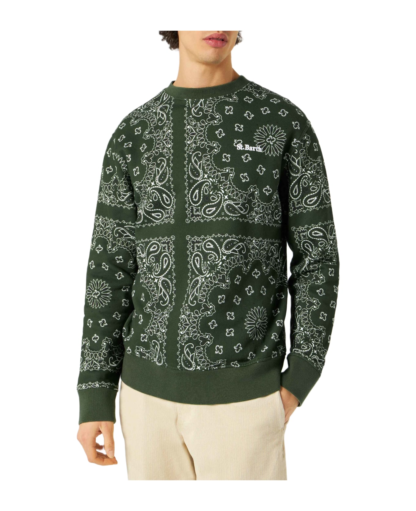 MC2 Saint Barth Man Crewneck Sweatshirt With Green Bandanna Print - GREEN