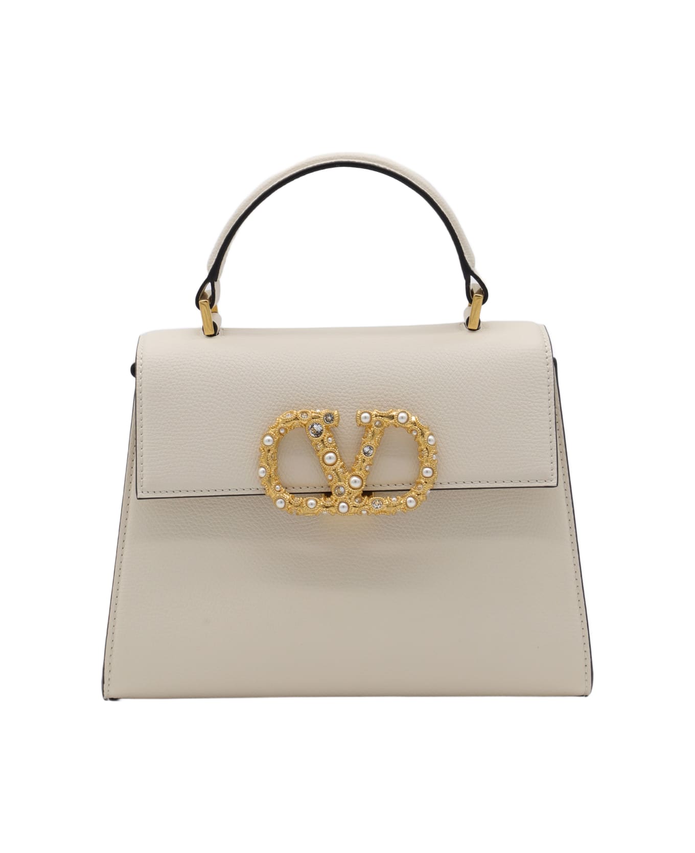 Valentino Garavani White Leather Vsling Top Handle Bag - LIGHT IVORY/CRYSTAL