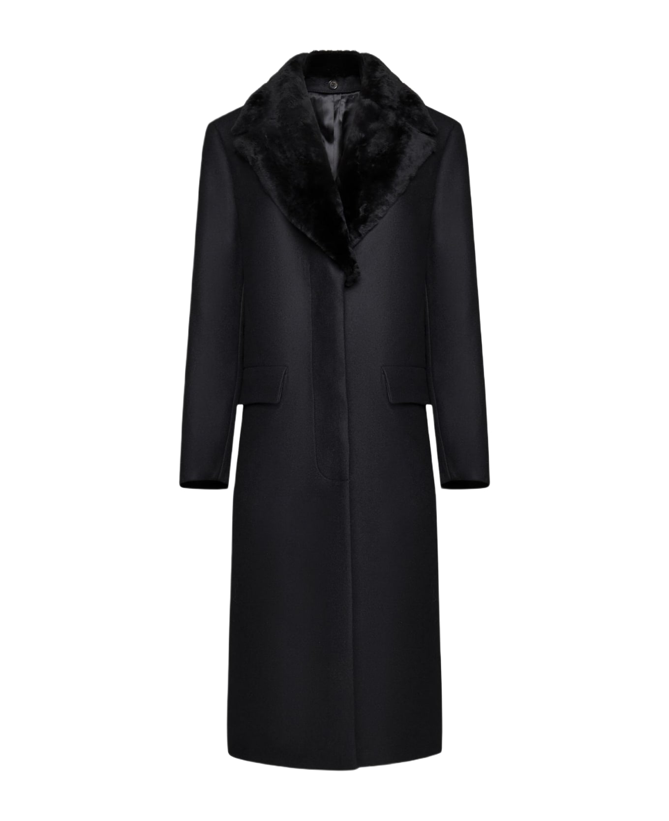 Totême Shearling-collar Wool-blend Coat - BLACK