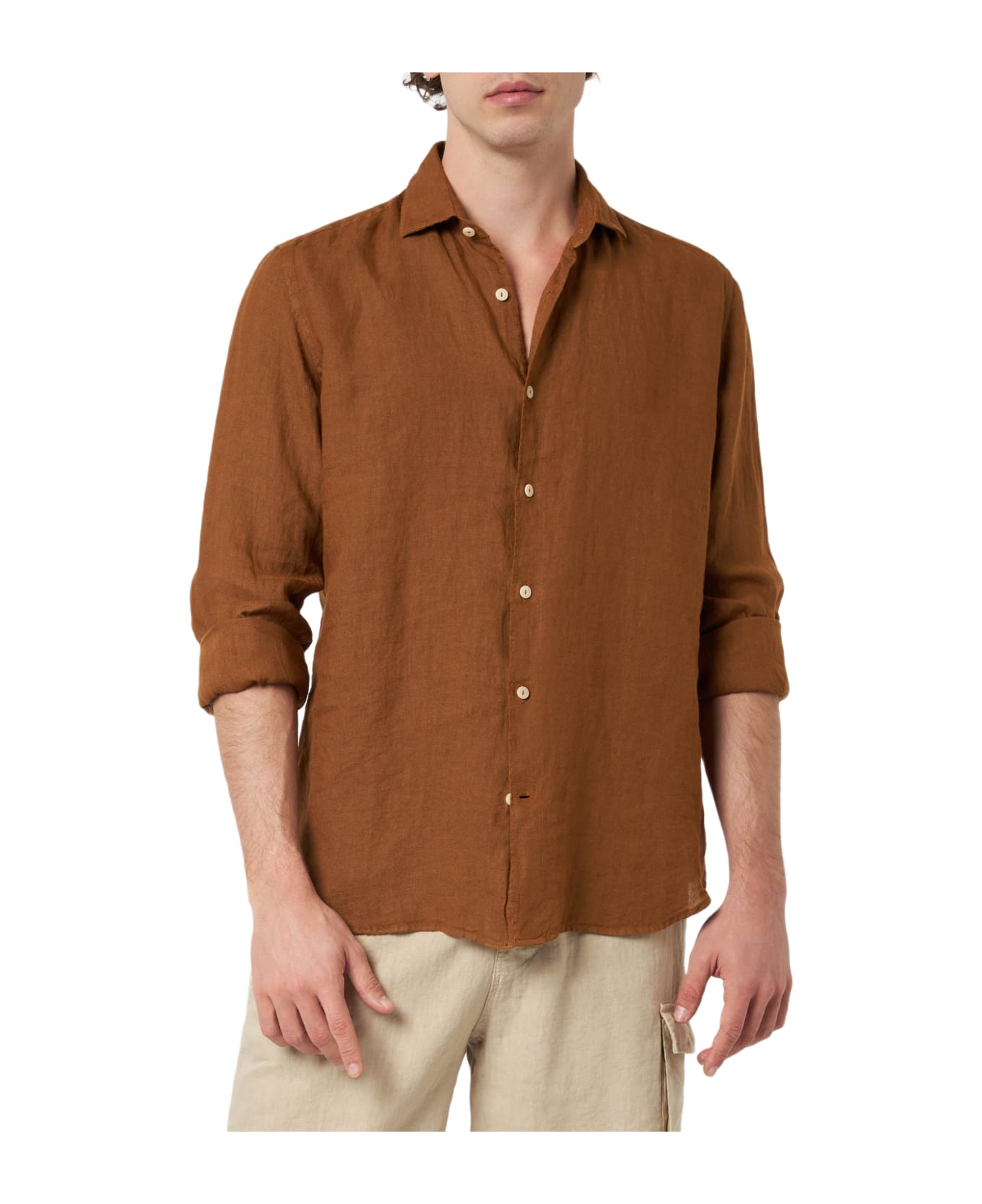 MC2 Saint Barth Man Camel Linen Shirt Pamplona - BROWN