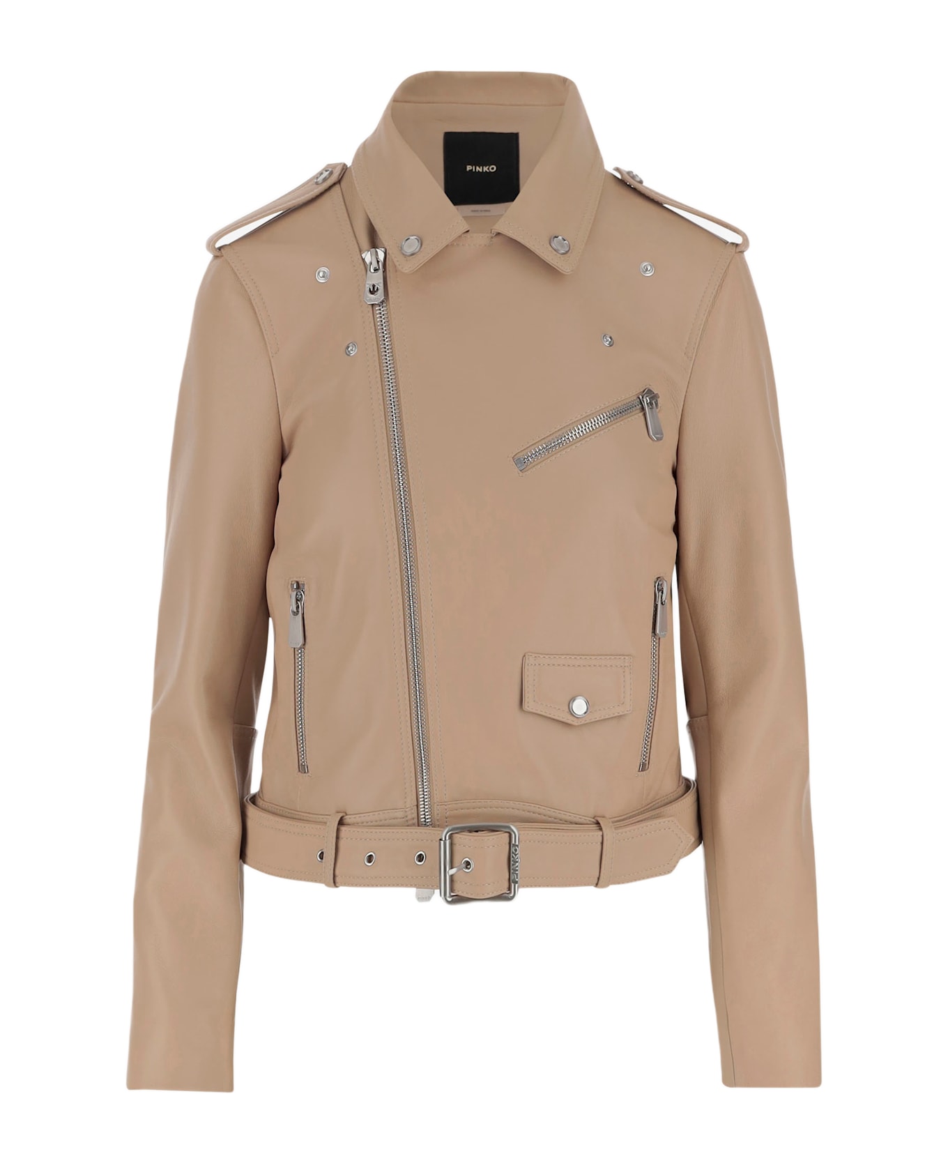 Pinko Leather Biker Jacket - Beige