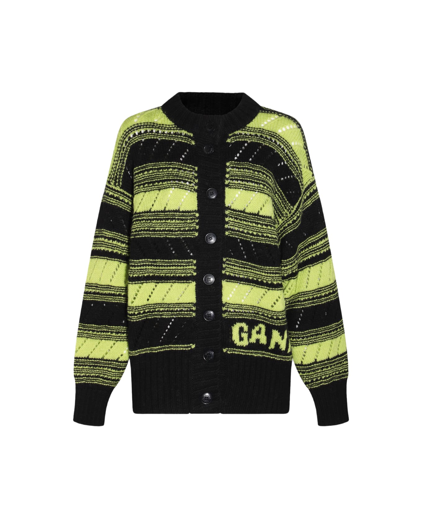 Ganni Black And Lime Green Wool Cardigan - Black