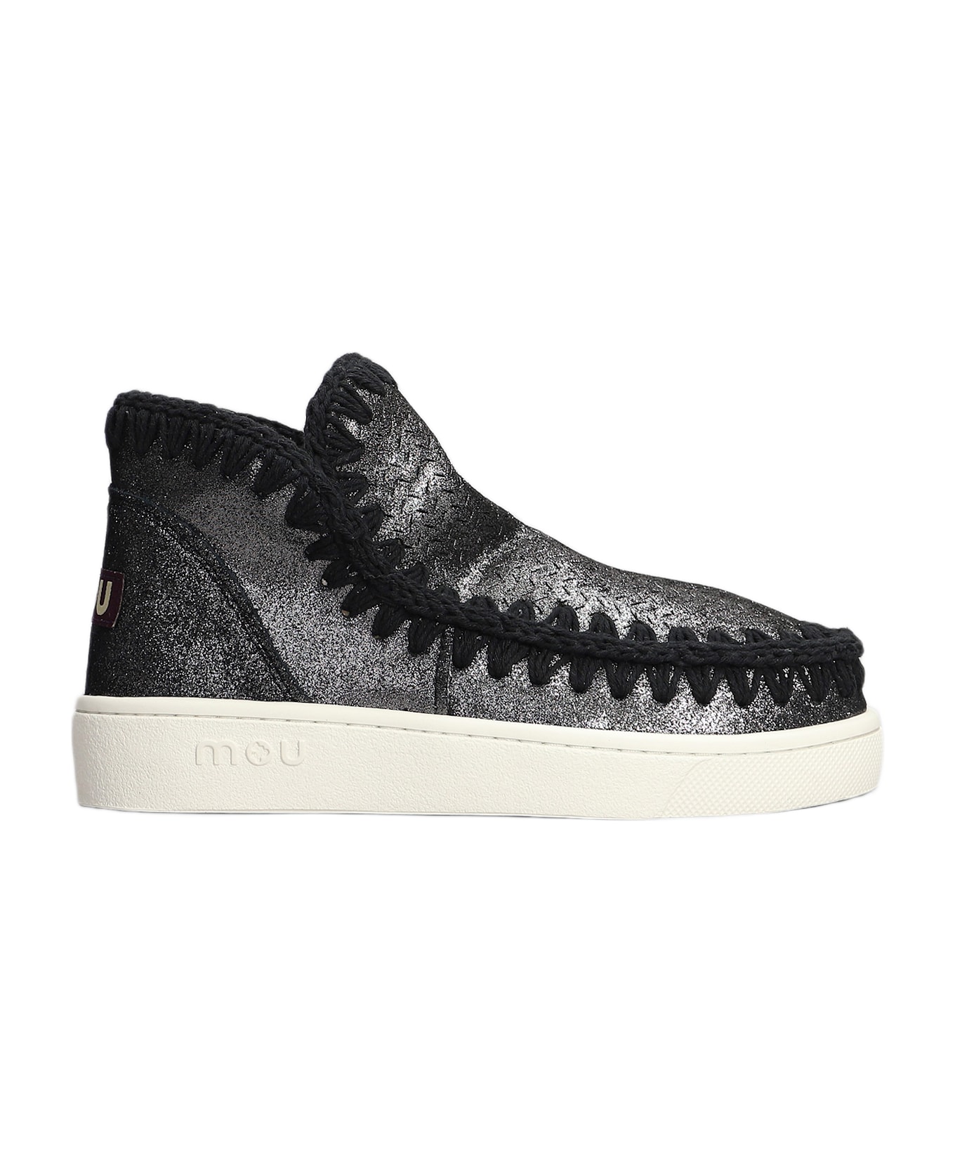 Mou Eskimo Sneaker Low Heels Ankle Boots In Black Glitter - black