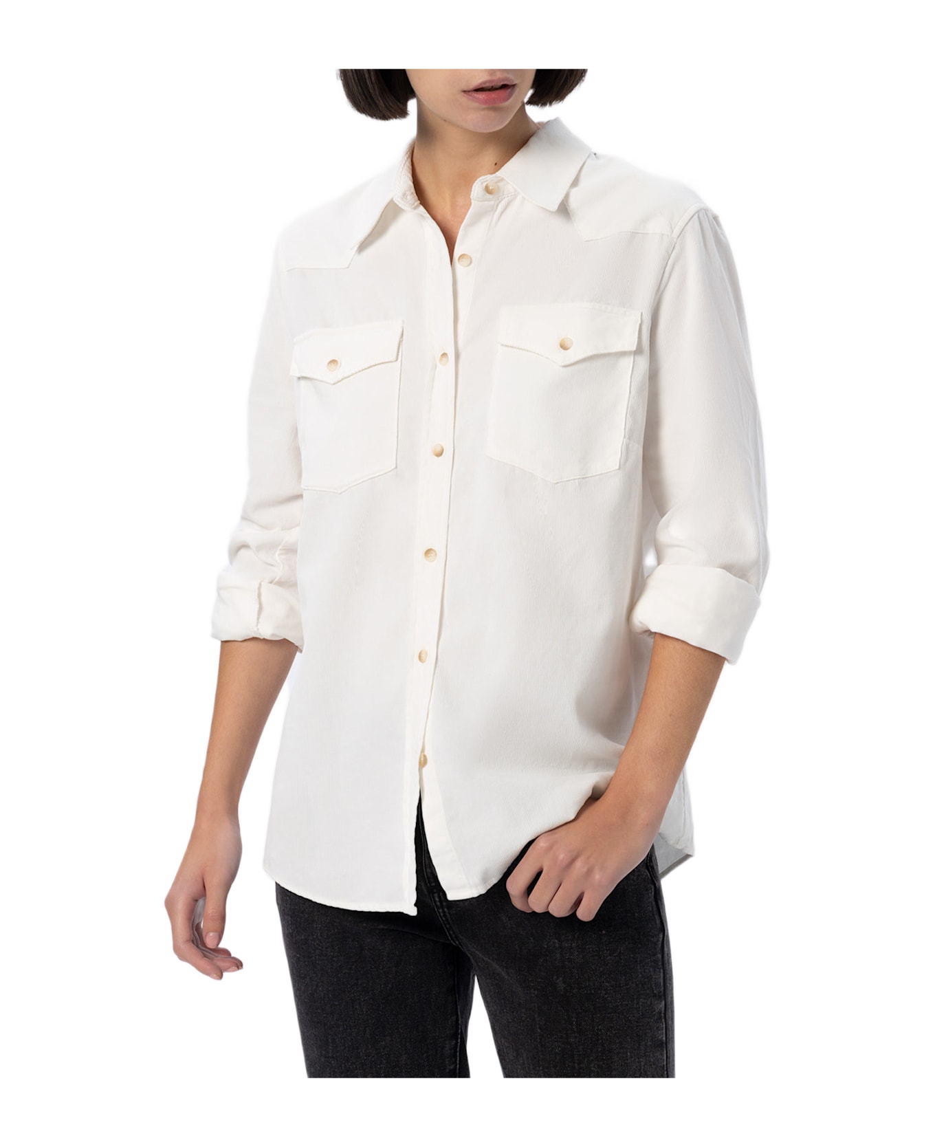 MC2 Saint Barth Woman Off-white Corduroy-like Shirt Deer With St. Barth Rhinestones Logo - WHITE
