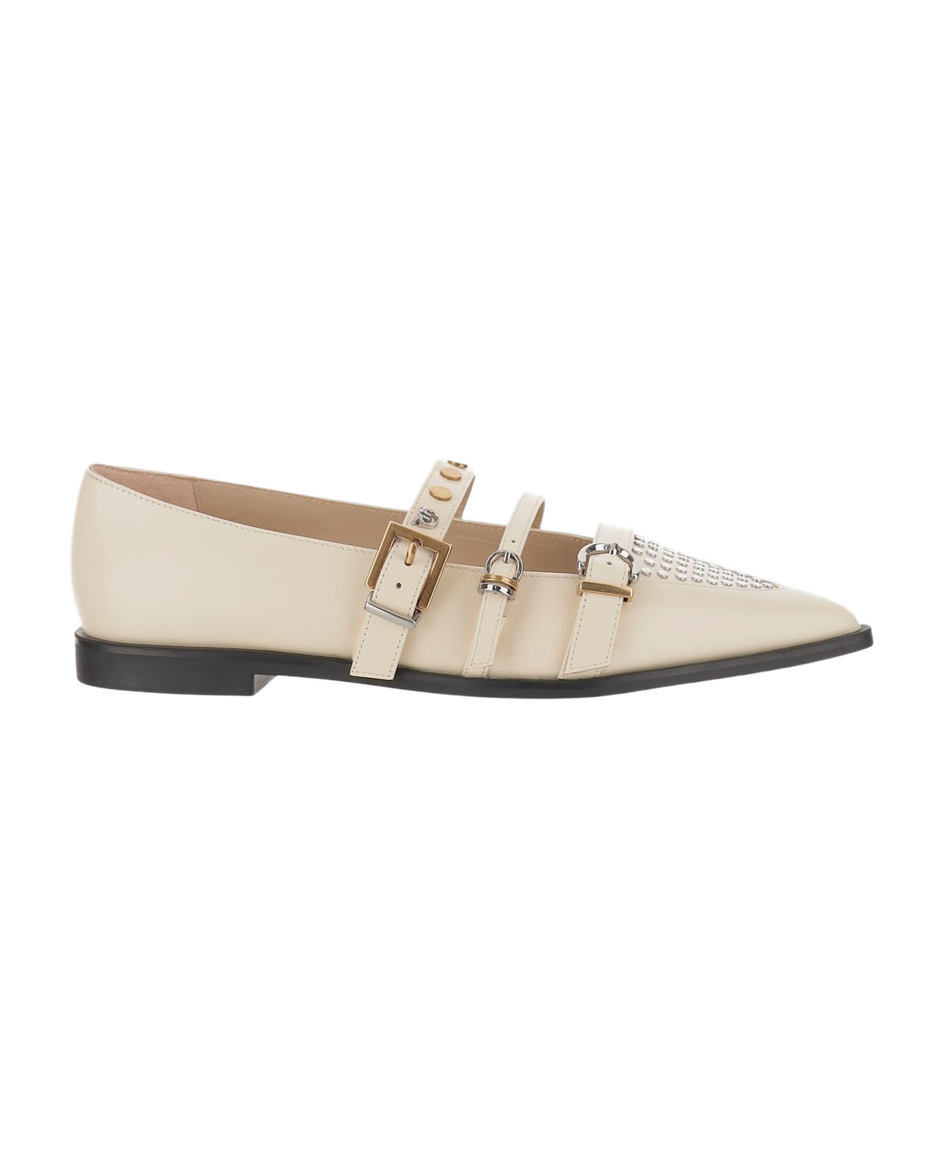 Pinko Pointy Toe Shoe With Leather Buckles - Ivory