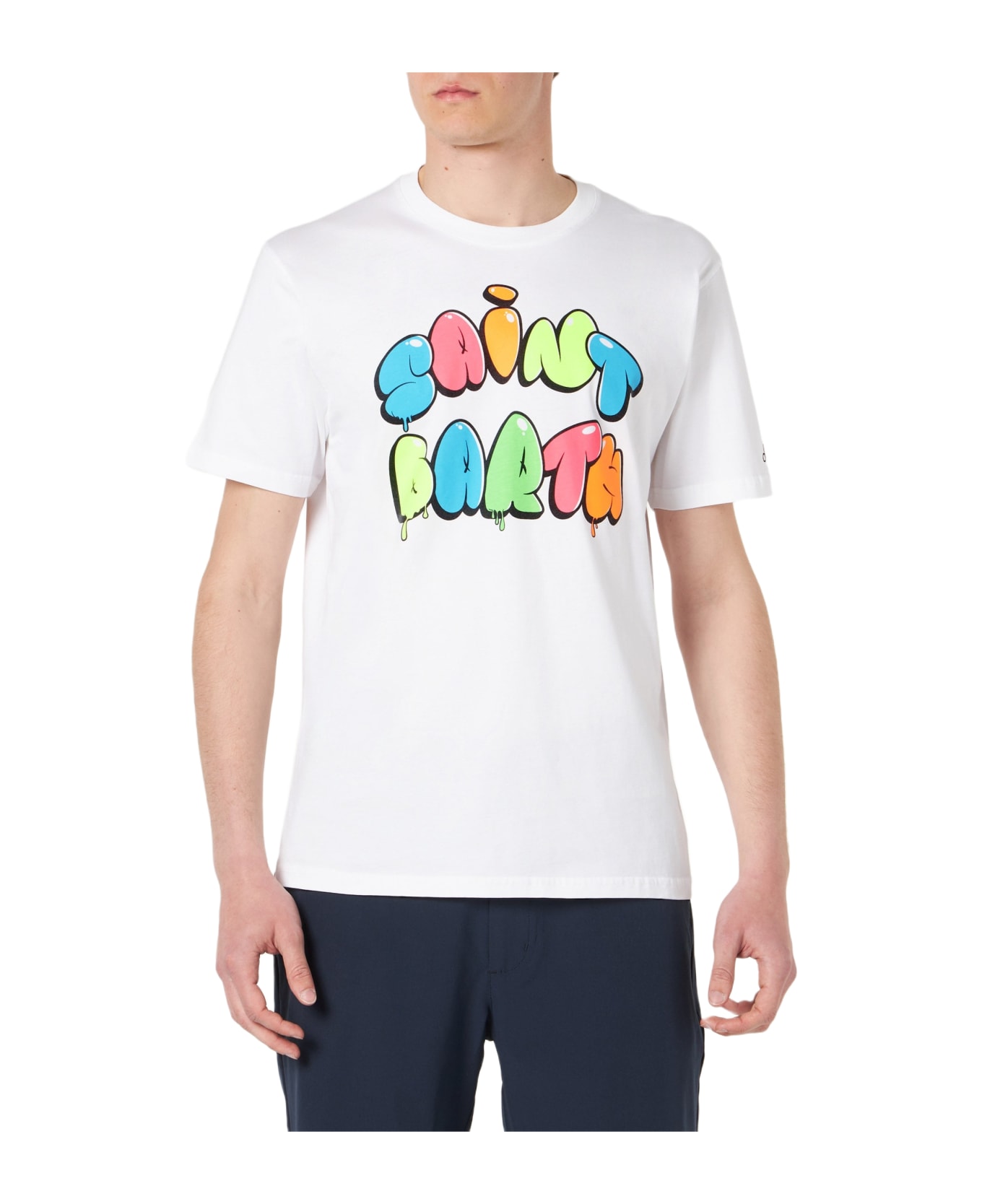 MC2 Saint Barth Man Cotton T-shirt With Multicolor Saint Barth Print - WHITE