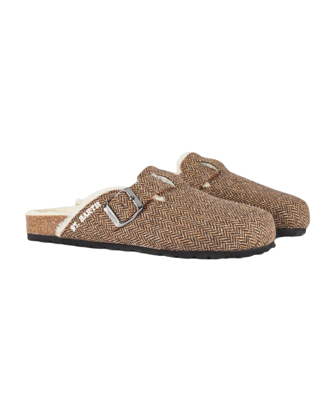 MC2 Saint Barth Woman Sandal Furry Clogs With Herringbone Print - BROWN