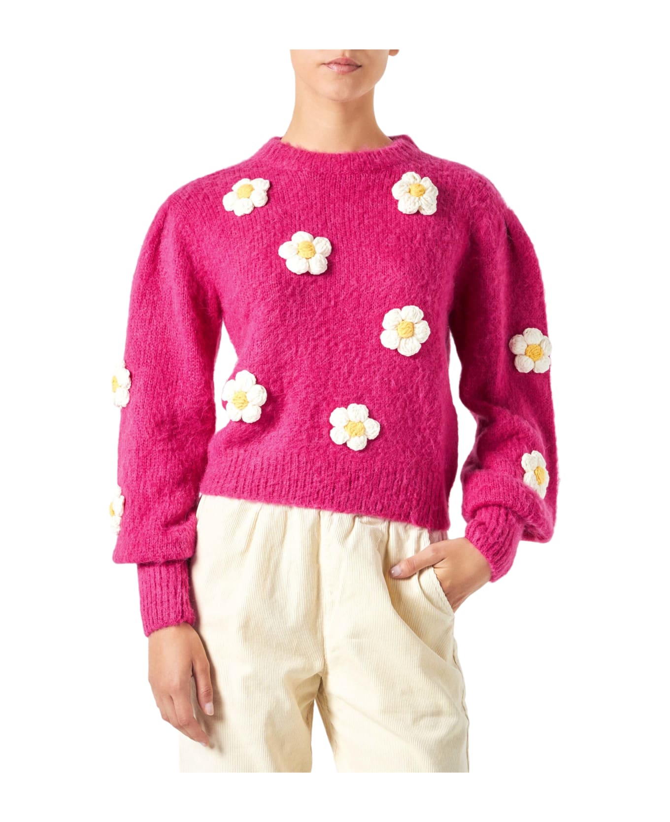 MC2 Saint Barth Woman Brushed Sweater With Crochet Flowers Appliqués - PINK