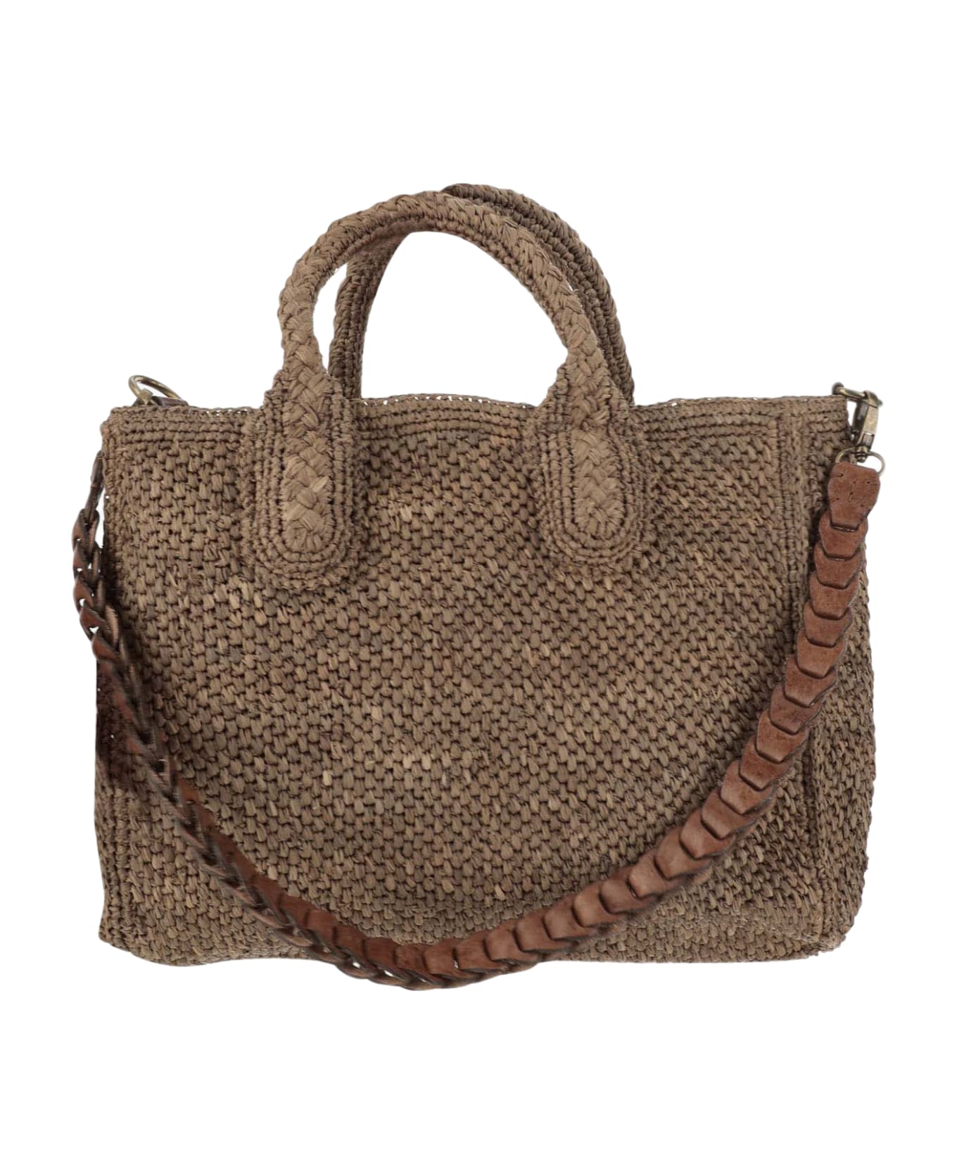 Ibeliv Raffia Bag With Leather Details - Dark tea