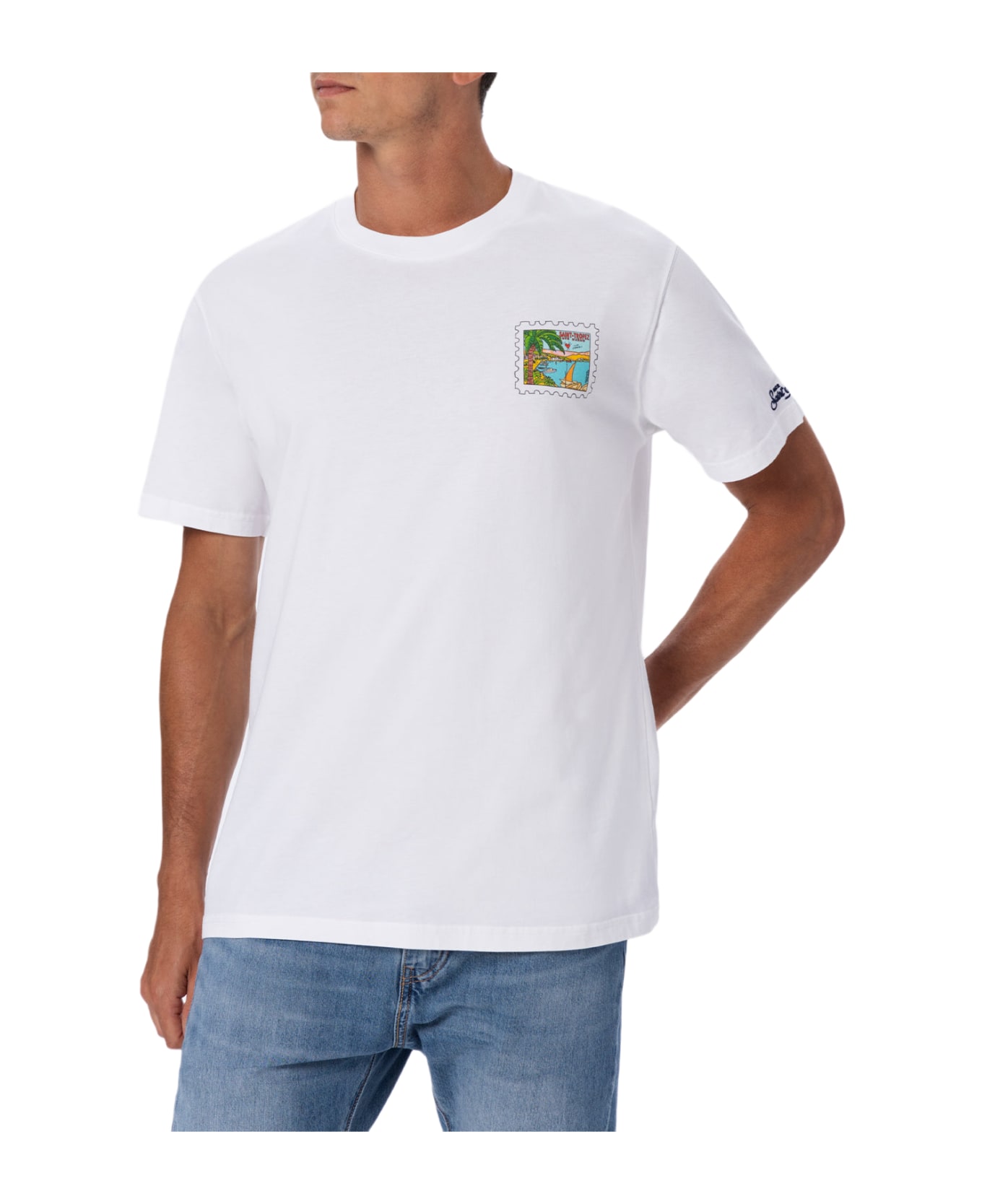 MC2 Saint Barth Man Cotton T-shirt With St. Tropez Postcard Front And Back Print | Alessandro Enriquez Special Edition - WHITE