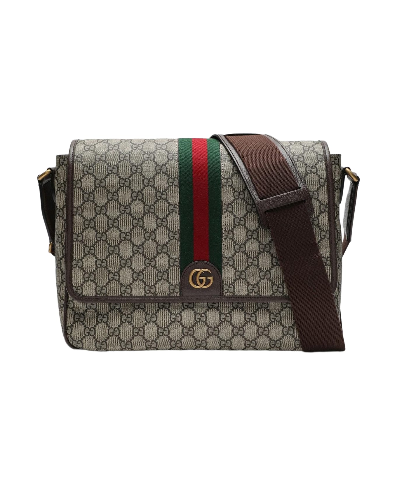 Gucci Shoulder Bag With Web Detail In Beige And Ebony Gg Fabric