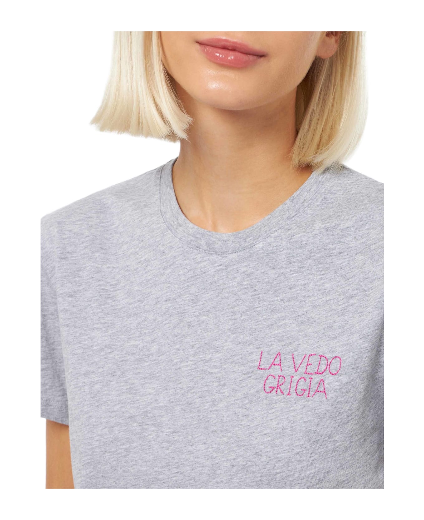 MC2 Saint Barth Woman Cotton Jersey Crewneck T-shirt Emilie With La Vedo Grigia Embroidery - MELANGE GREY