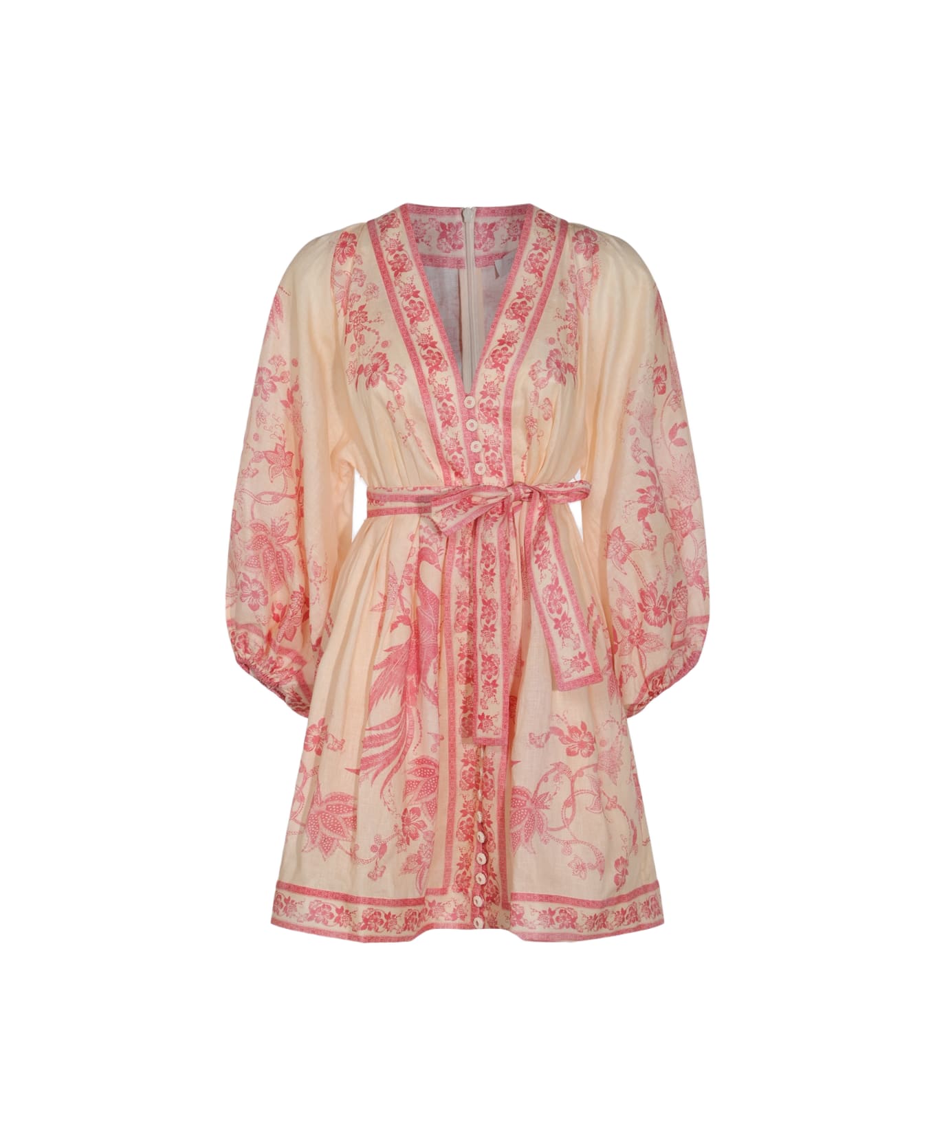 Zimmermann Cream And Pink Linen Dress - CREAM/PINK FLORAL