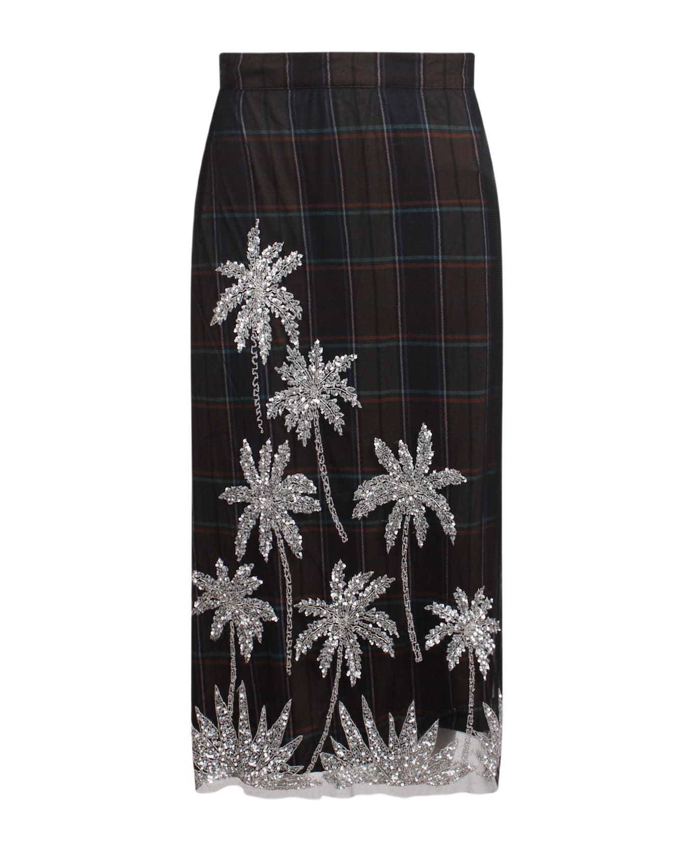 Essentiel Antwerp Dark Khaki And Navy Blue Checked Net Midi Skirt With Embroidery