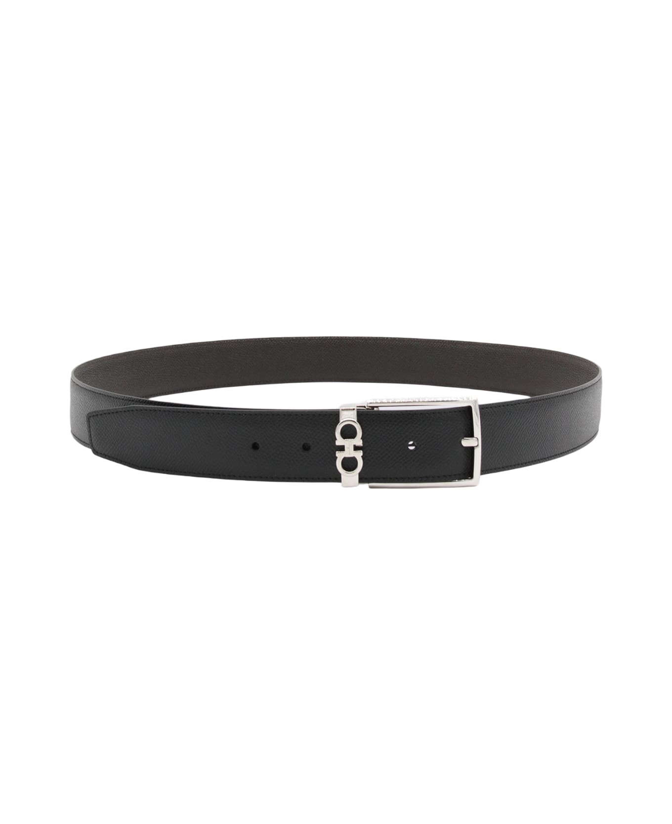 Ferragamo Black And Silver Leather Belt - NERO/TESTA MORO