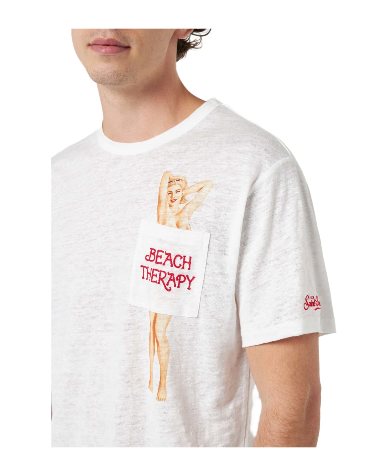 MC2 Saint Barth Man Linen Jersey T-shirt Ecstasea With Printed And Embroidered Pocket - WHITE