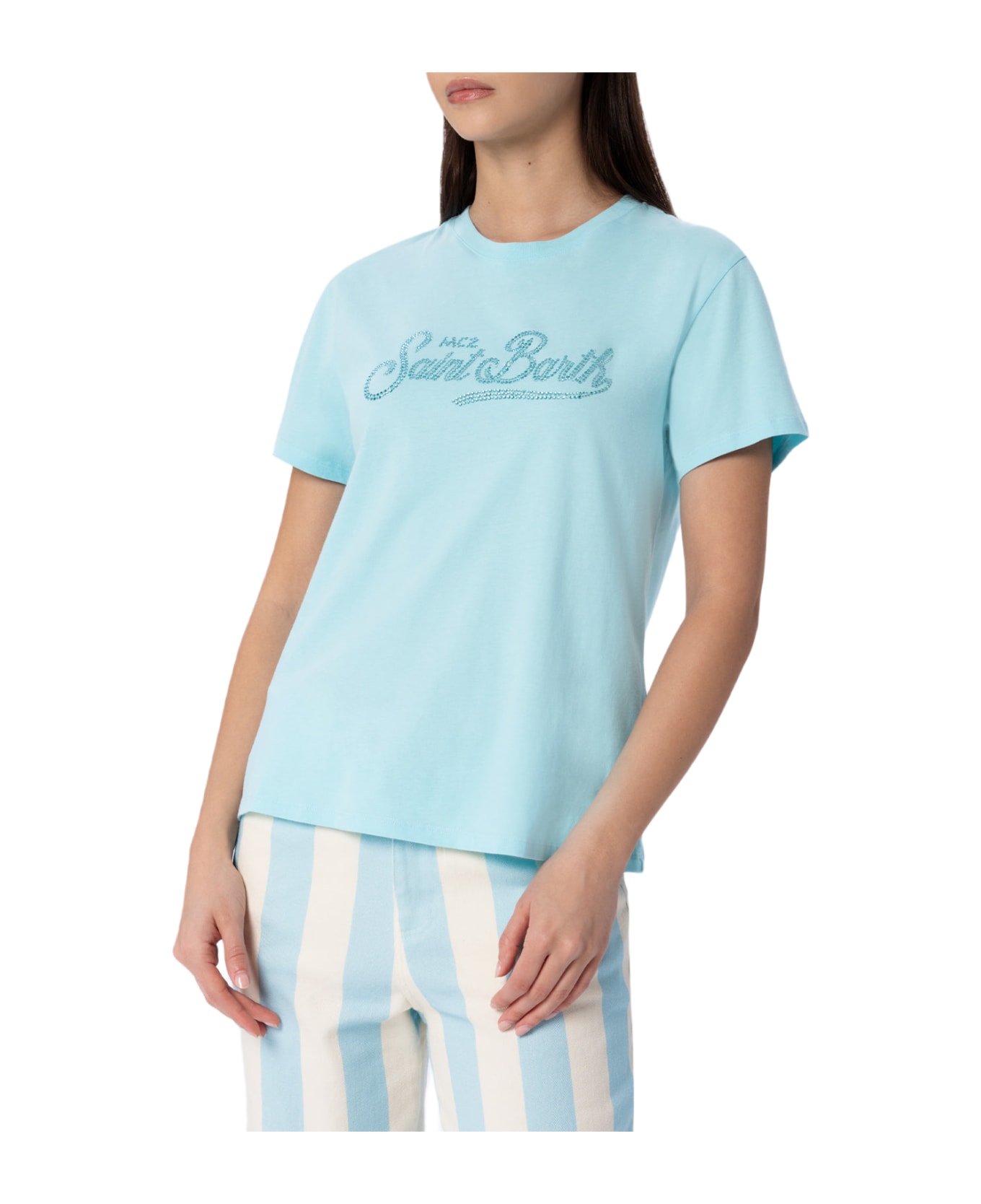 MC2 Saint Barth Woman Water Green Cotton Jersey Crewneck T-shirt Emilie With Rhinestones - GREEN