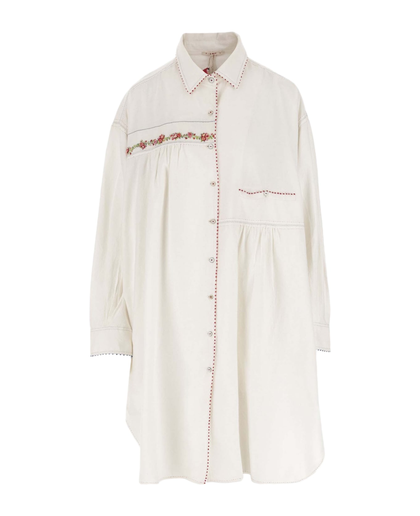 Péro Long Cotton Shirt With Floral Embroidery - White シャツ