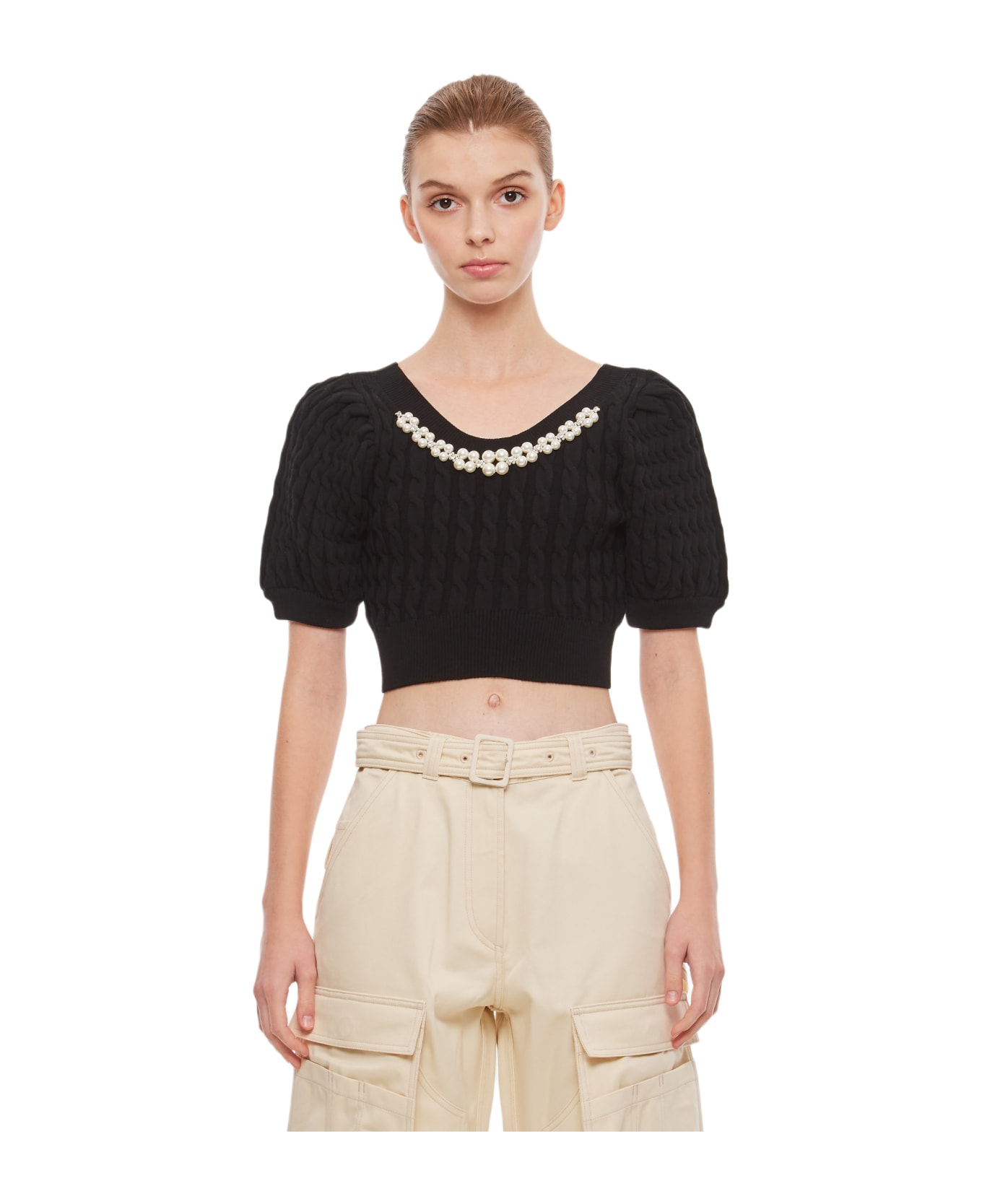 Simone Rocha Cropped Puff Sleeve Open Neck Cable Top - Black ニットウェア