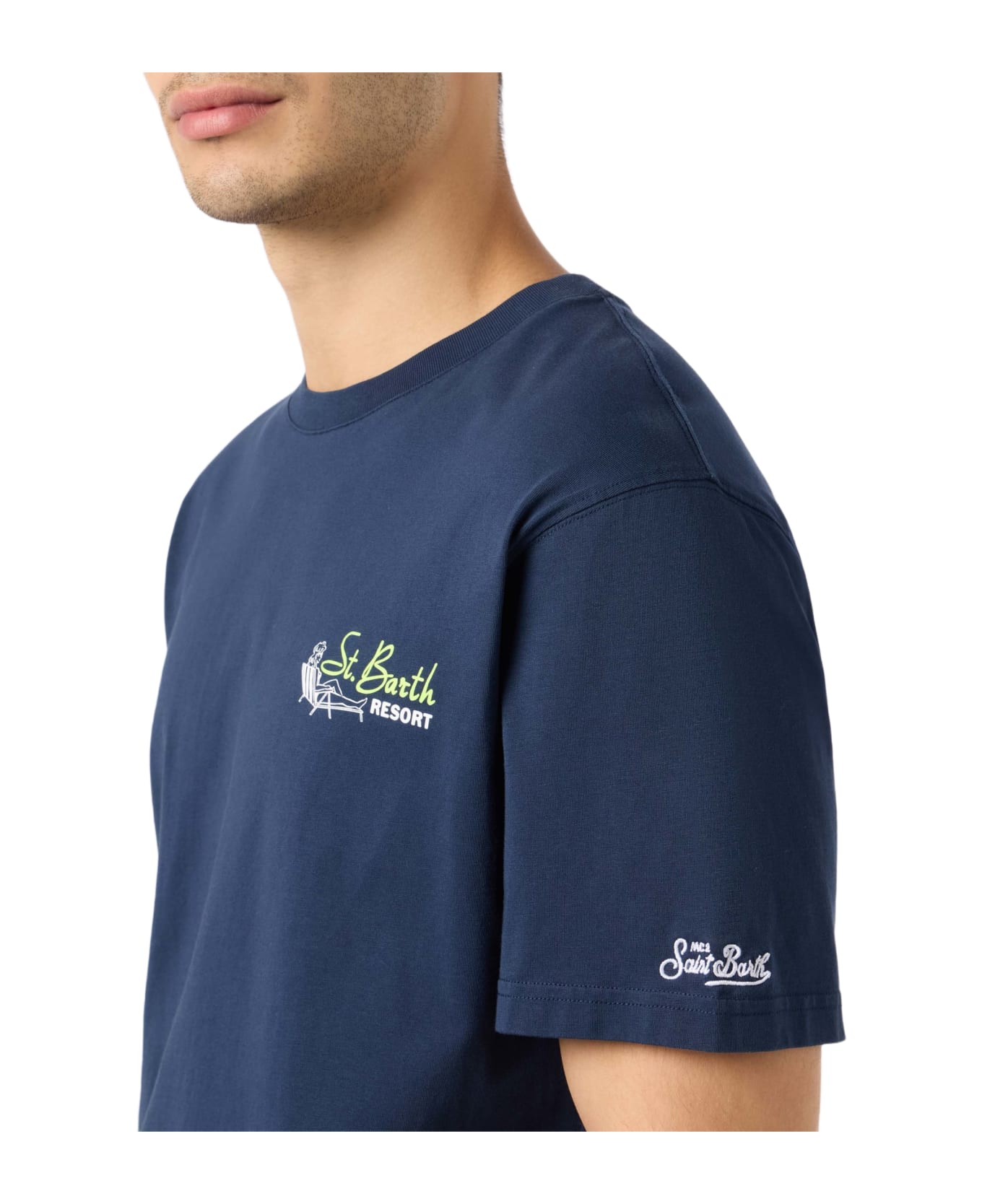 MC2 Saint Barth Man Cotton T-shirt With St. Barth Resort Placed Print - BLUE
