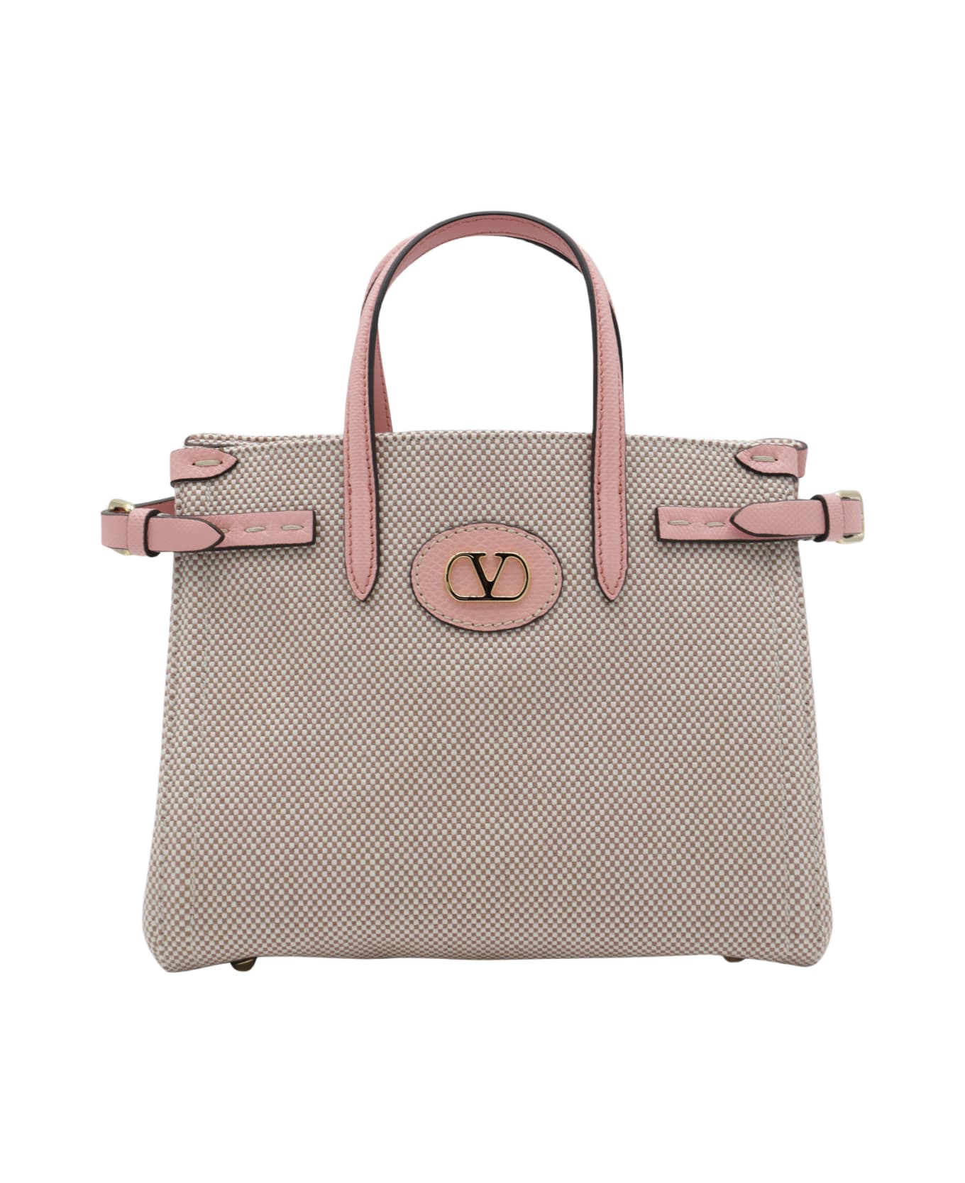 Valentino Garavani Natural And Pink Cotton Antibes Mini Totes - NATURAL/TABACCO/PEACH ROSE