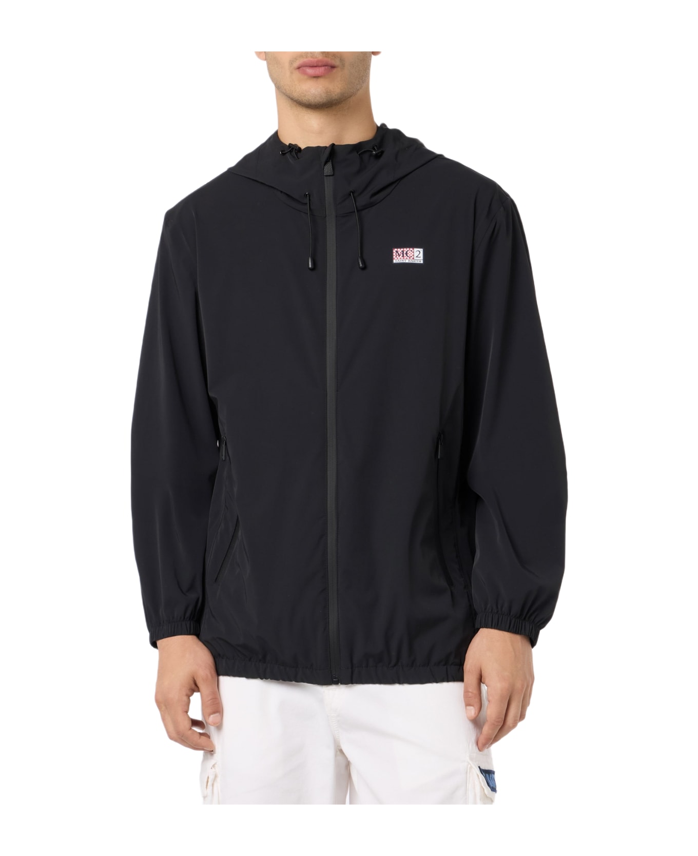 MC2 Saint Barth Man Hooded Lightweight Black Fabric Windbreaker Sloop - BLACK